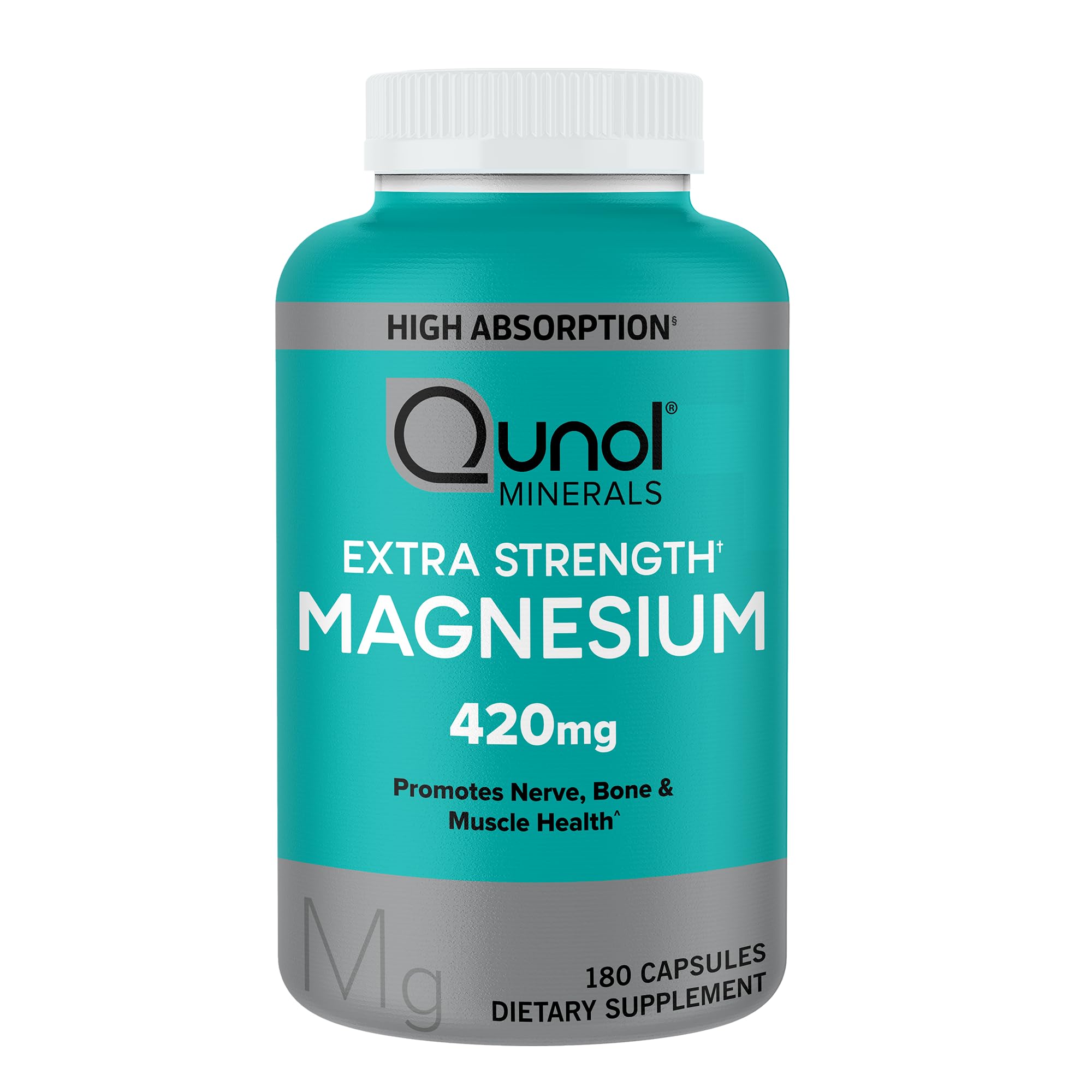 Qunol Magnesium Capsules 420mg, 100% DV, High Absorption Magnesium Supplement, Extra Strength, Bone and Muscle Health Supplement, 180 Count