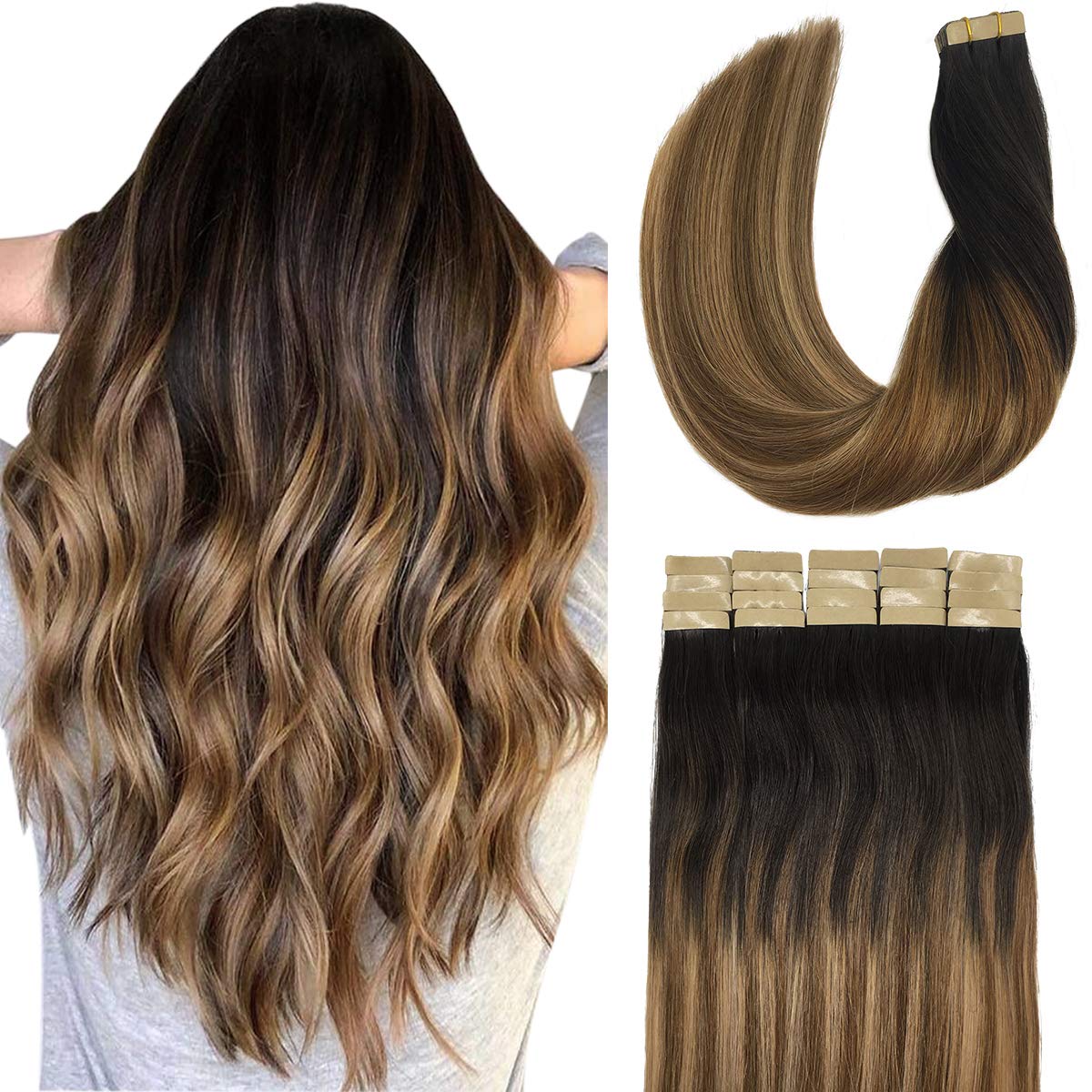 (50cm , 1B/99J) - Doores 50g 20pcs Tape in Human Hair Extensions Ombre Dark Brown to Chestnut Brown and Dirty Blonde Real Natural Hair Extensions Tape in Remy Skin Weft Hair Extensions 46cm