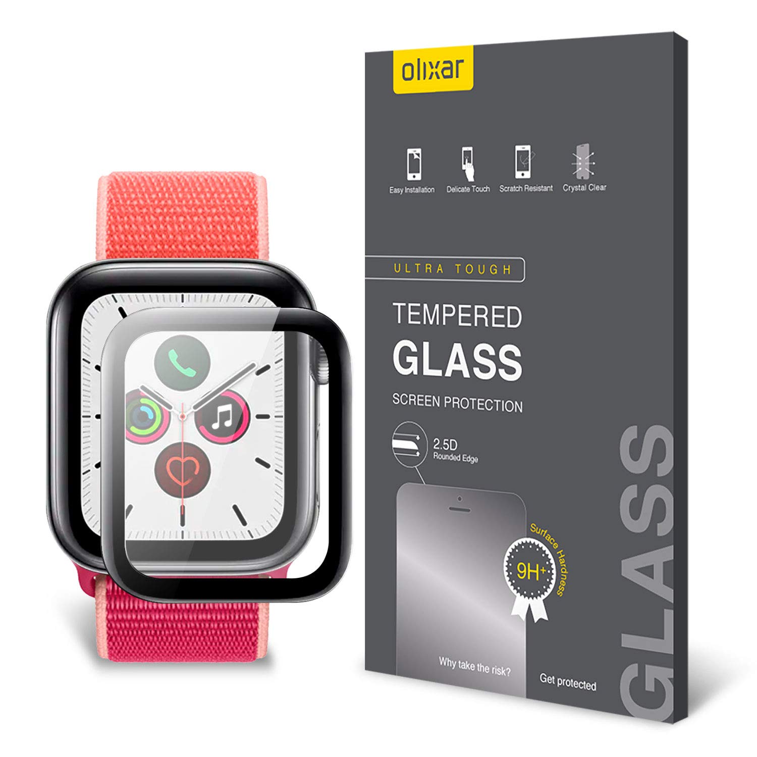 Olixar For Apple Watch Series 5 40mm Screen Protector Glass - Tempered Glass 9H Rated - Shock Protection - Easy Application, Card and Cleaning Cloth Included - Clear