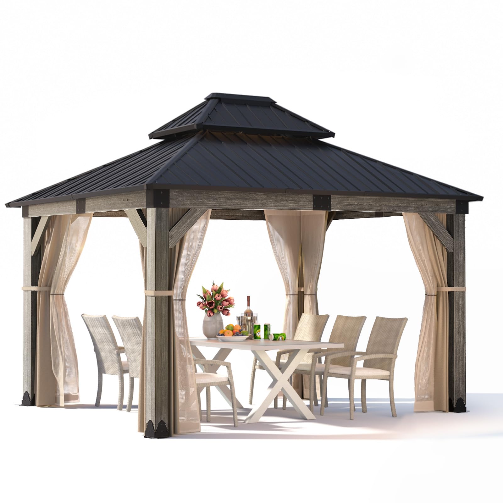 COSIEST10x12FT Cedar Wood Gazebo, Outdoor Hardtop Gazebo with 2-Tier Galvanized Steel Roof, Netting & Curtains, Wooden Gazebo Pavilion for Patio Backyard Deck Lawn