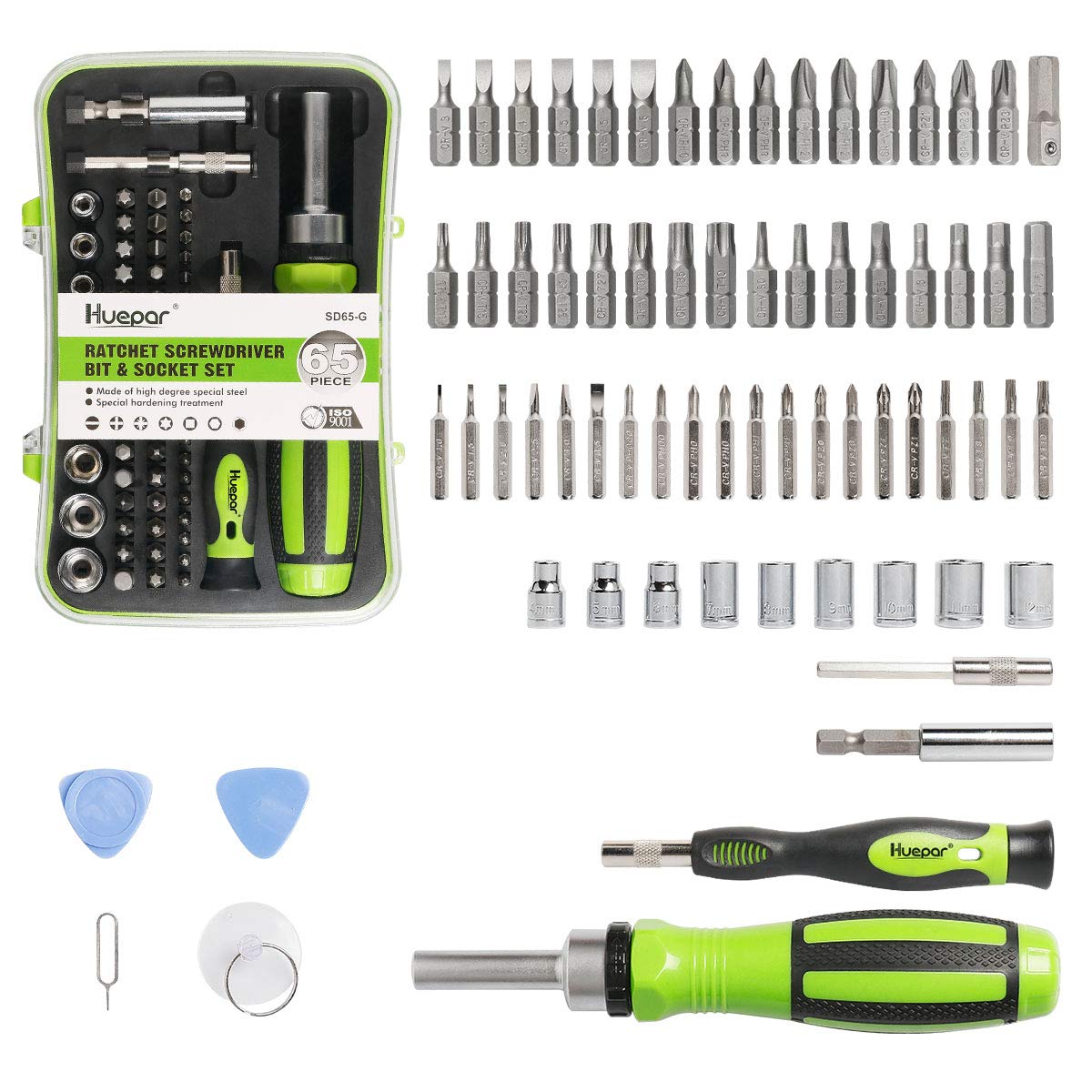 Huepar 65 in 1 Precision Screwdriver Ratchet Set Includes Slotted/Phillips/Torx and More Bits, Sockets and Extension Bars-Professional Repair Tool Kit for iPhone, Computer, Watch, Glasses, Electronics