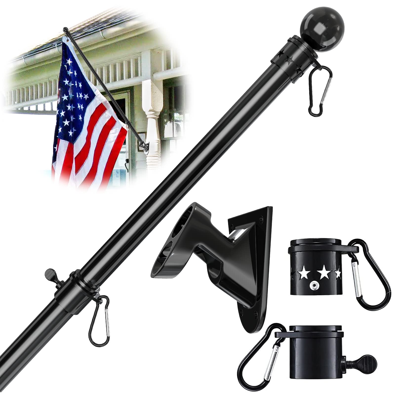 YeYeBest Flag Pole, 6 FT Flag Pole Kit for House, 2 No-Tangle Rings Clips, Flag Holder Bracket, Stainless Steel, Adjustable Size, Black