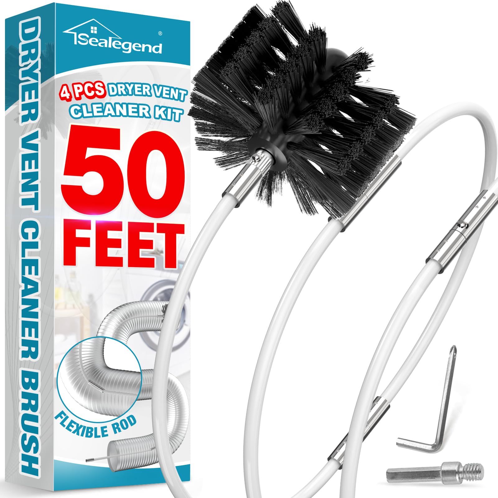 Sealegend 50 FEET Dryer Vent Cleaner Kit Flexible Quick Snap Brush with Drill Attachment Extend up to 50 FEET for Easy Cleaning Upgraded Dryer Vent Cleaning Kit Use with or Without a Power Drill