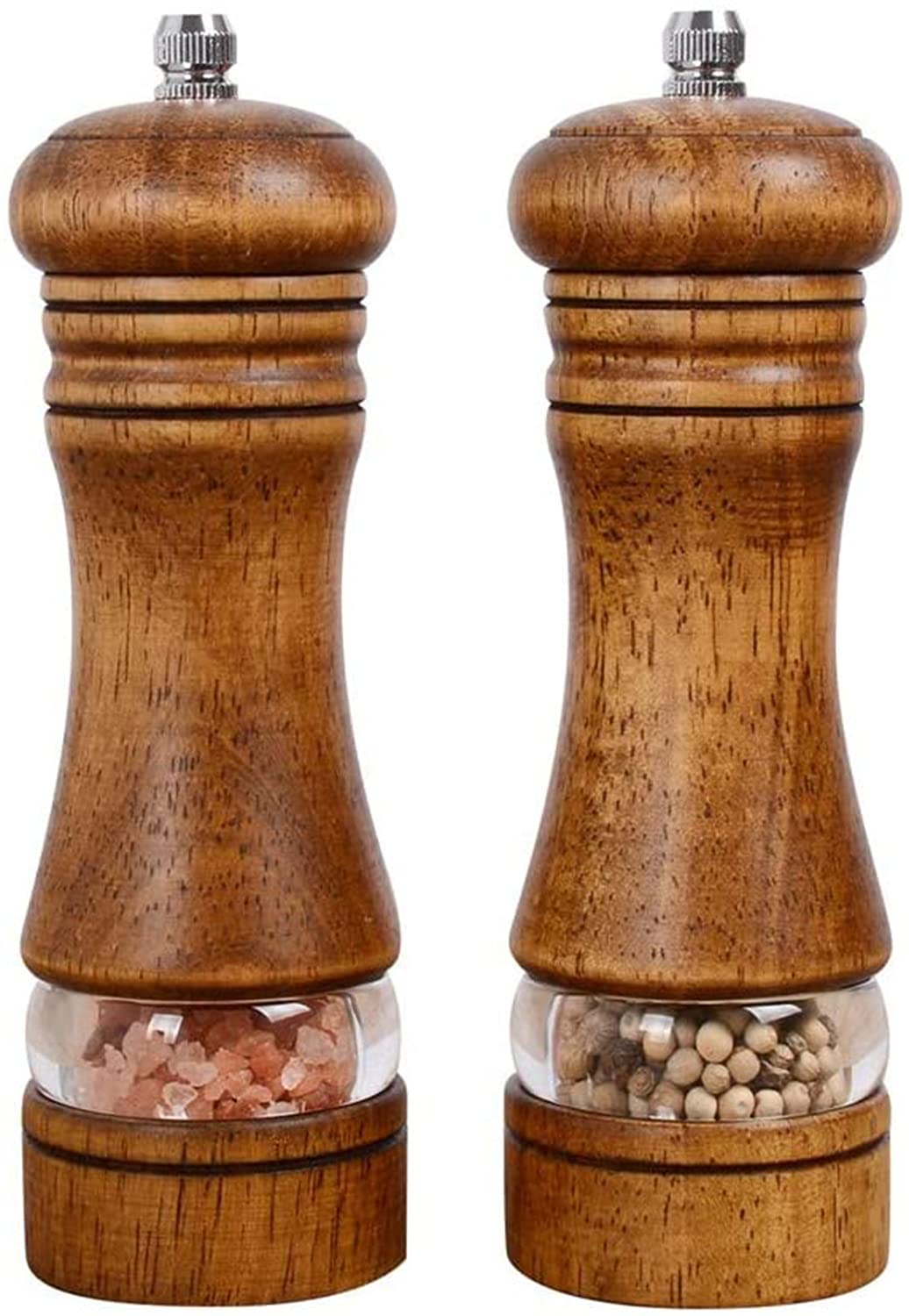 DELFINOPepper Grinder, Wood Salt and Pepper Grinder Mills Sets, Classic Manual Salt Grinder Refillable Pepper Mill Sets with Acrylic Visible Window Adjustable Ceramic Grinding Rotor 6.5inch 2 Pack