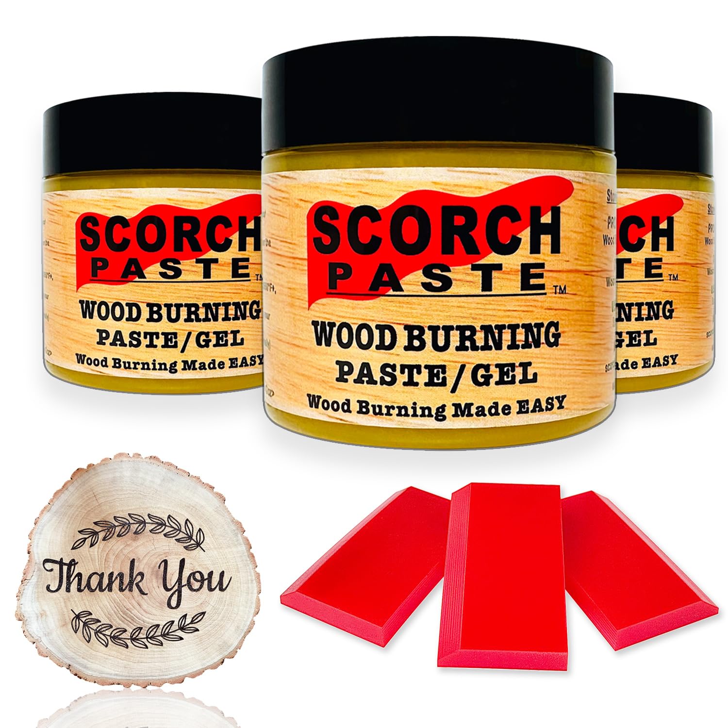 Scorch Paste - 3 Jars and 3 Squeegees The Original Wood Burning Paste, Wood Burning Gel for Crafting & Stencil Wood Burning, Accurately & Easily for Do-it-Yourself Arts, Wood, Canvas & More