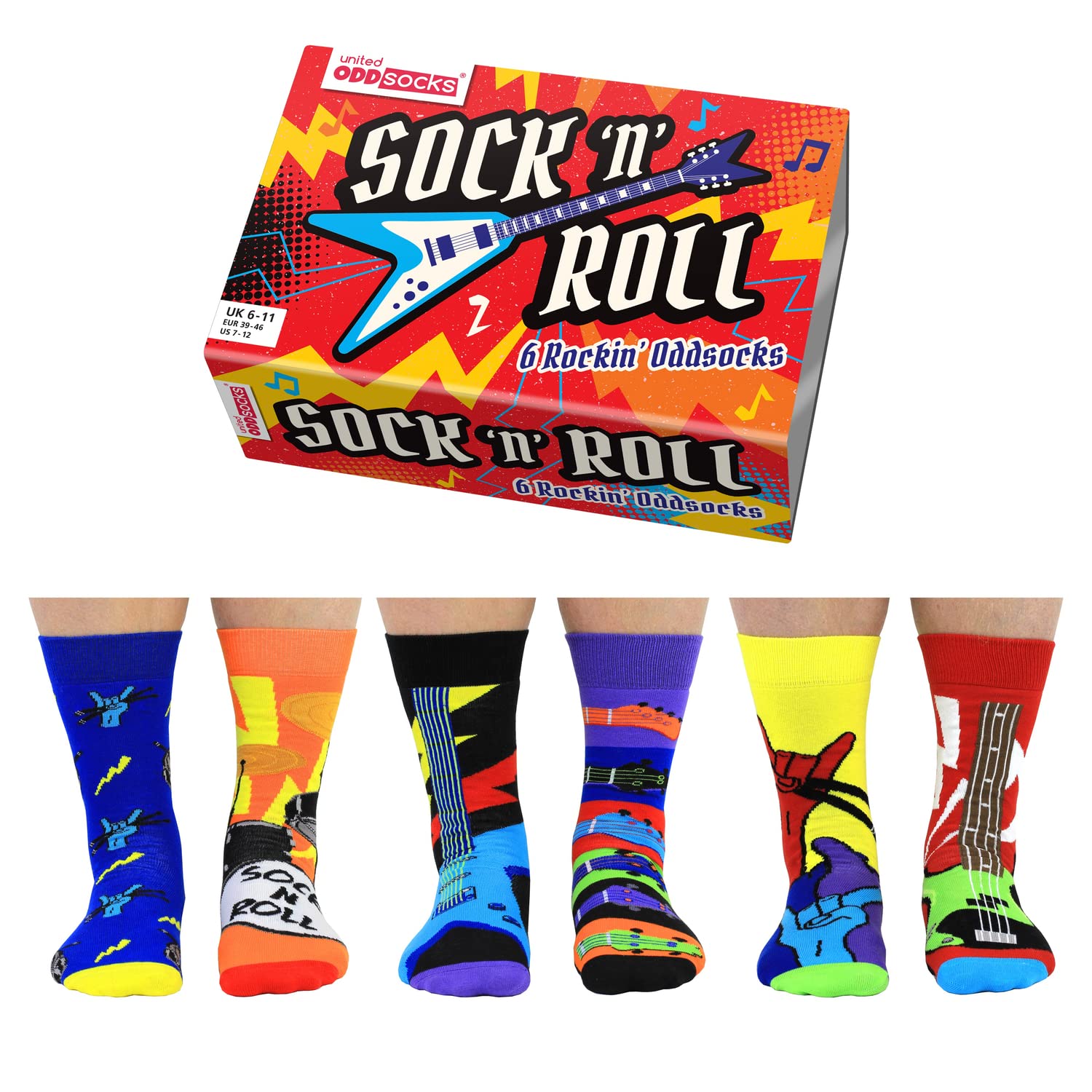 United OddsocksSock n Roll- Box of 6 Colourful Mix & Match Rock and Roll Socks for Men,UK 6-11 | EUR 39-46 | US 7-12. Fun and Quirky Birthday,Christmas,Father's Day Gift for Men