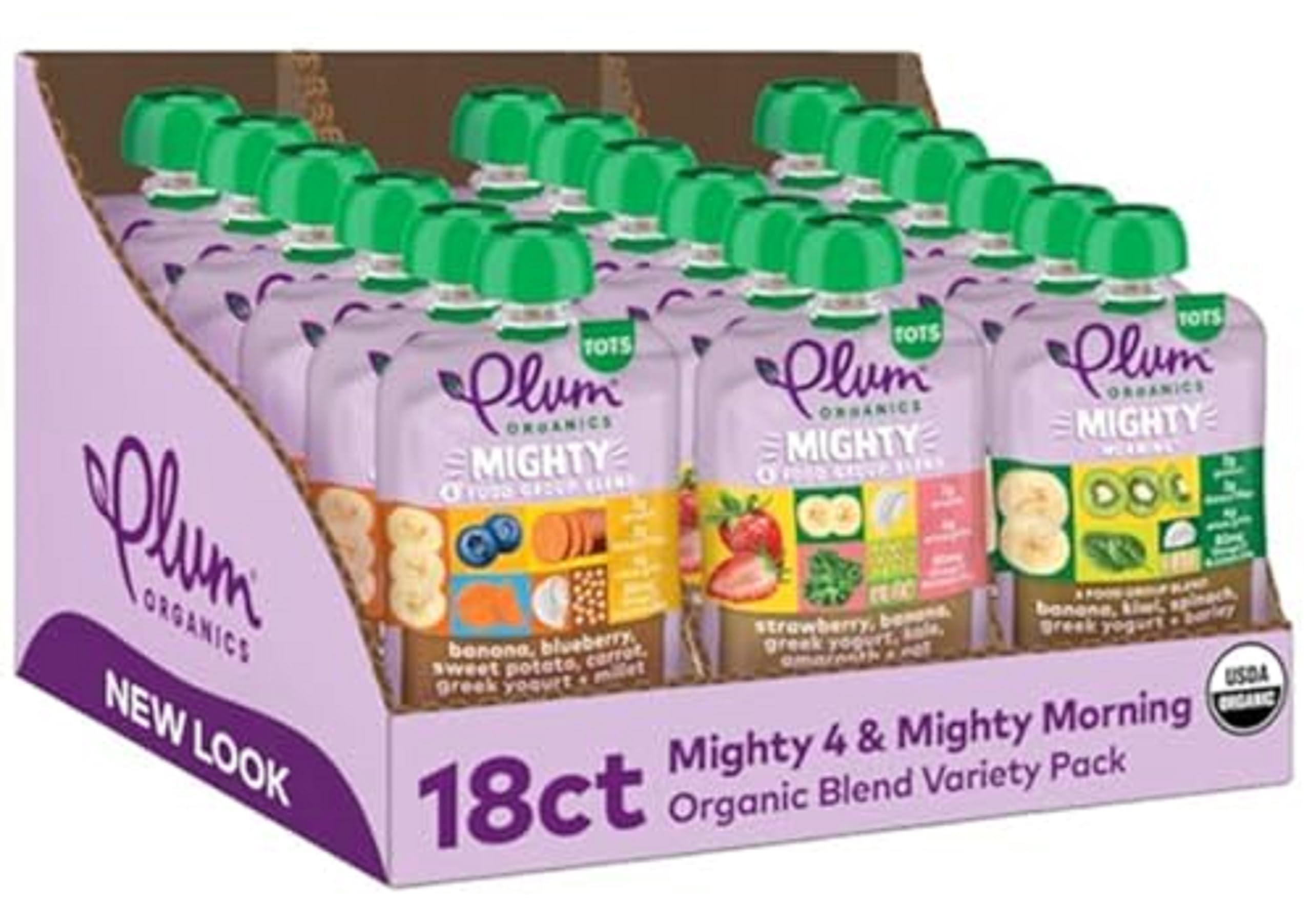 Plum Organics Mighty 4 and Mighty Morning Organic Toddler Food - 4 Food Group Blend Variety Pack - 4 oz Pouch (Pack of 18) - Organic Fruit and Vegetable Toddler Food Pouch (Amazon Exclusive)