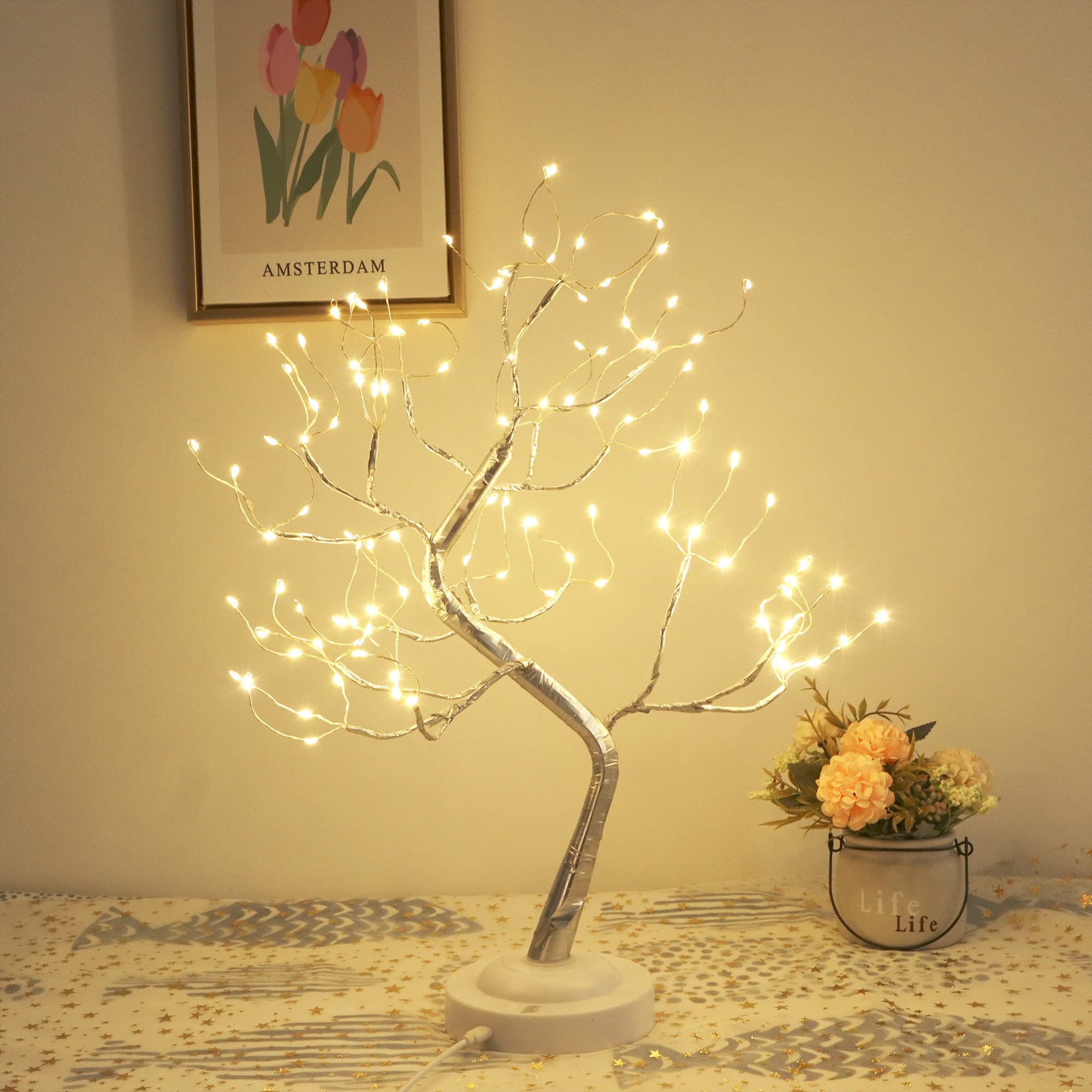 AMERTEER 108 Led Twinkling Tree Lamp, Desk Lamp Touch Switch Led Light for Home Bedroom Indoor Wedding Party Diwali Decoration (108 LED Copper wire lamp)