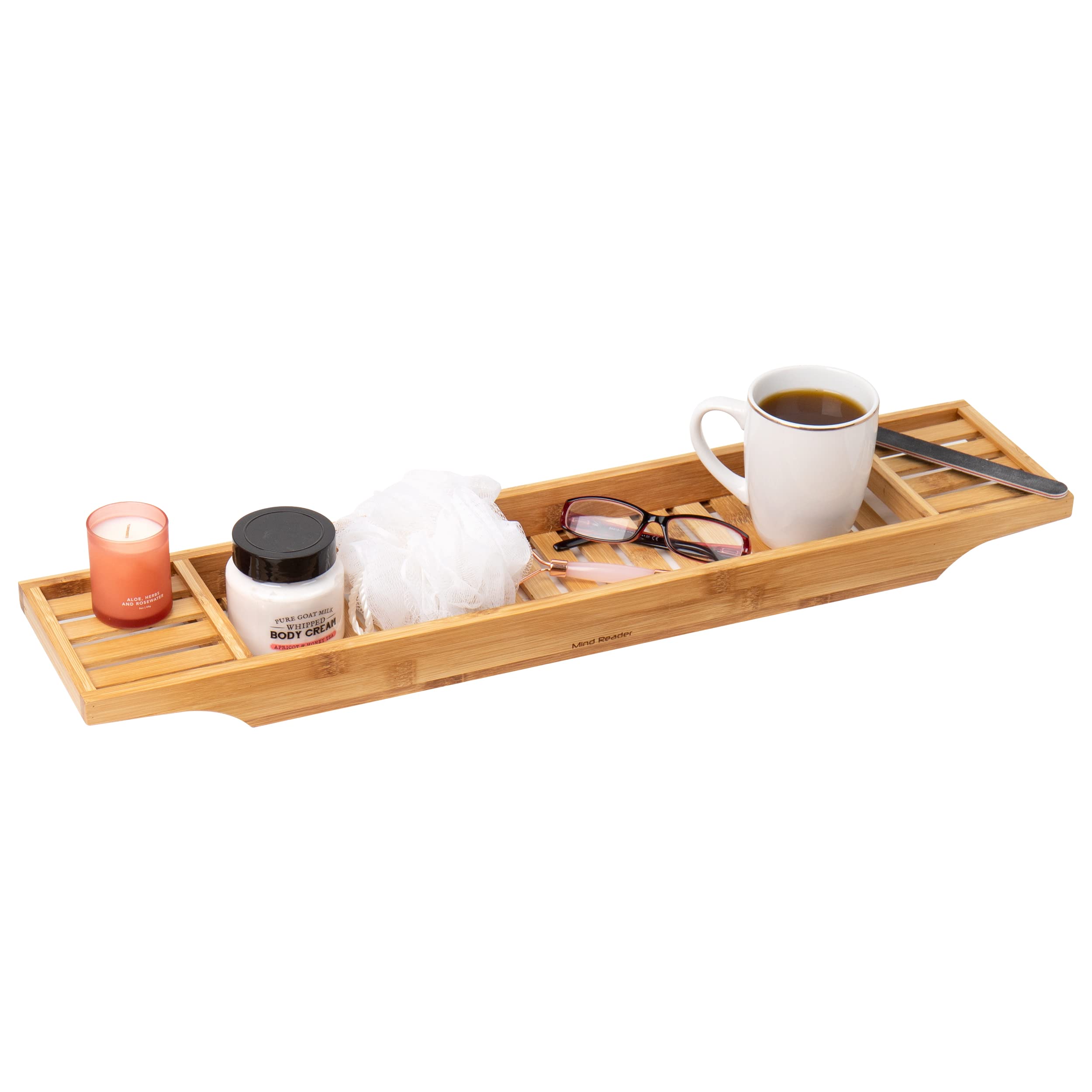 Mind Reader Bathroom Shower Caddy Organizer for Shampoo, Soap, Razors, and Much More Bamboo Bathtub Tray, Brown