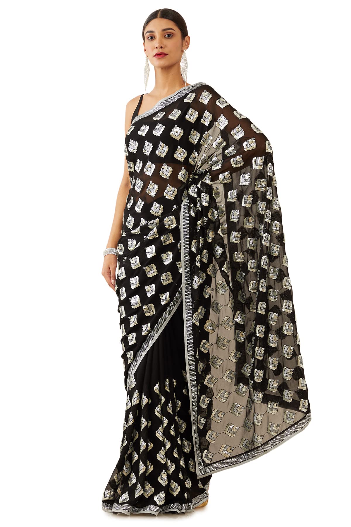 SochWomen Black Block Print Saree