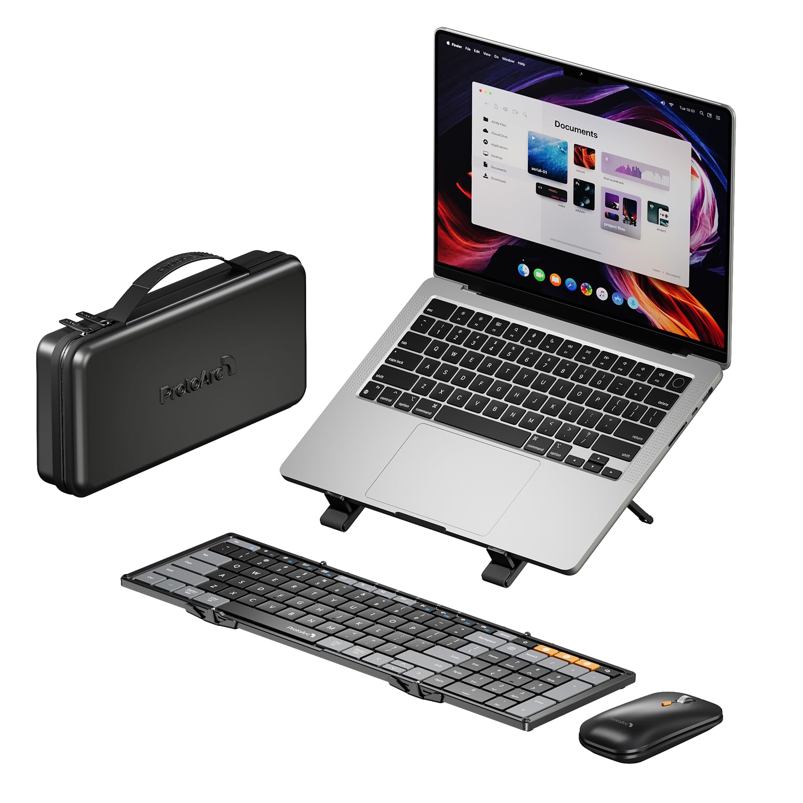 ProtoArc Foldable Keyboard Mouse Combo, XKM01 CaseUp Portable Bluetooth Keyboard and Mouse with Laptop Stand, a Mobile Work Solution for On-The-Go, Compatible with Laptop PC MacBook Windows Mac OS