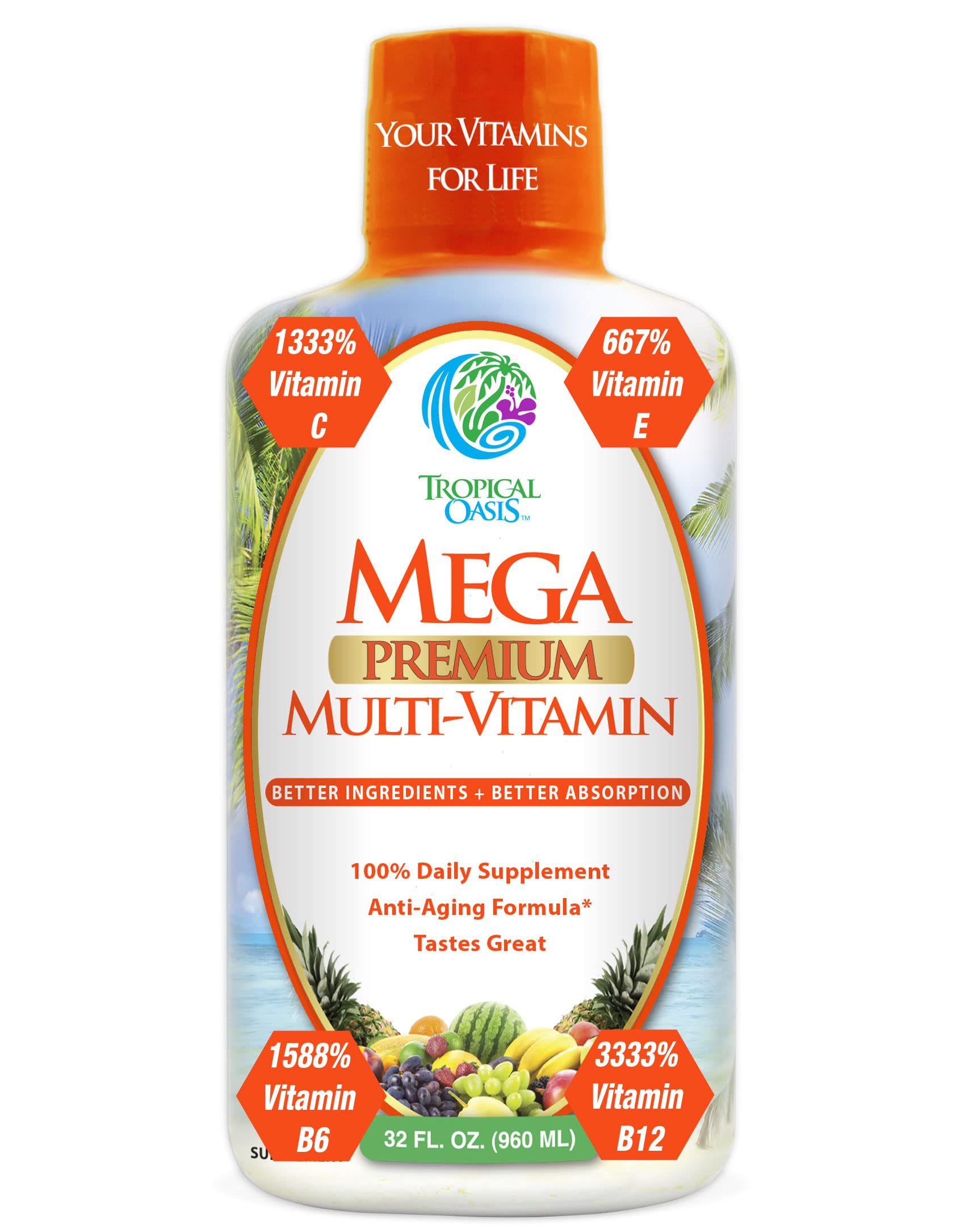 Mega Premium Liquid Multivitamin | Natural Immune Support Vitamin w/ 1333% Vitamin C, 200% D3, Zinc + 20 Vitamins, 70 Minerals, & 21 Amino Acids | Sugar Free | Orange Flavor | 98% Absorption | 32 Serv