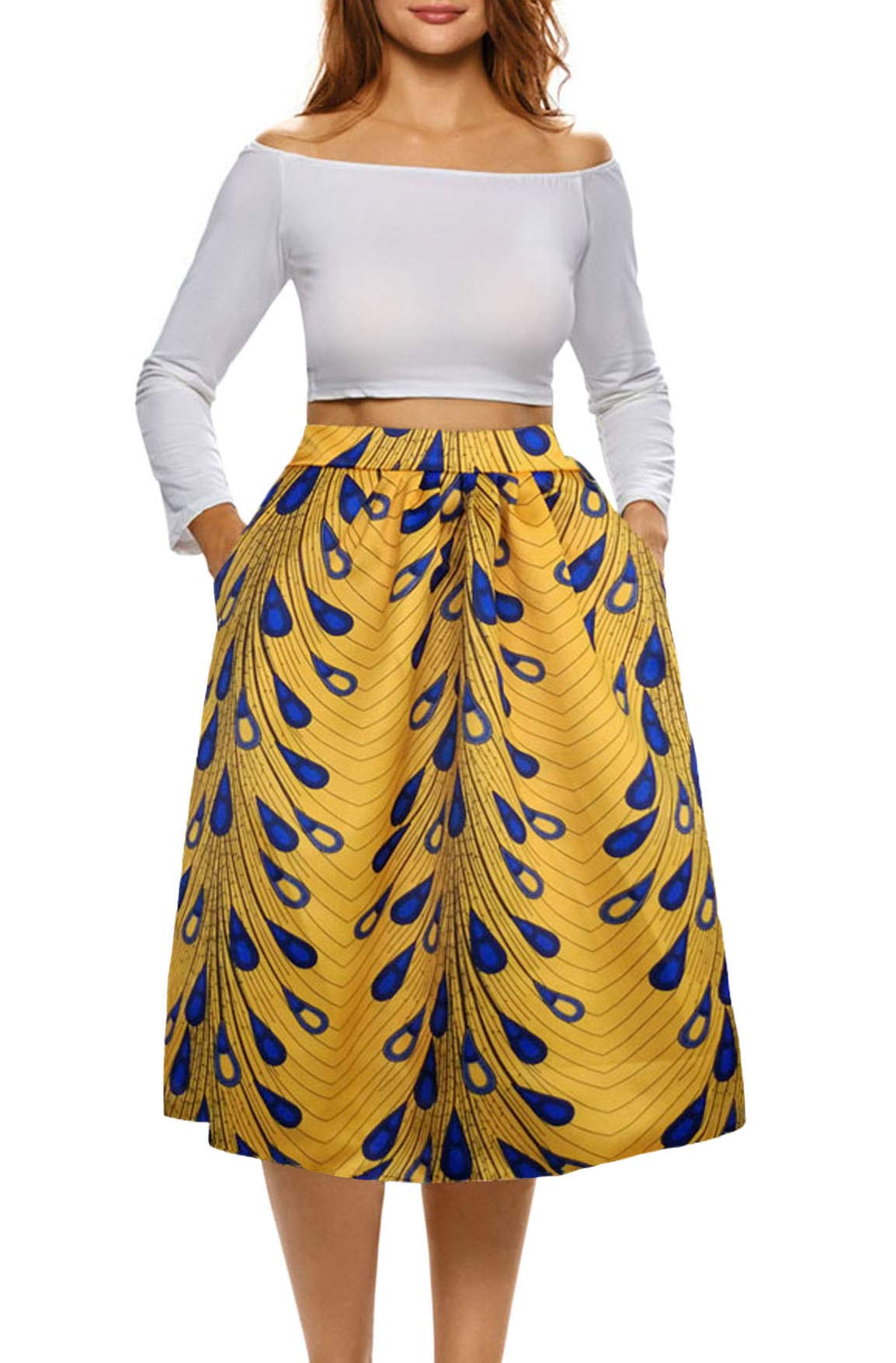 Sinono Women African Floral Print Skirt Pleated Midi Skirts with Pockets