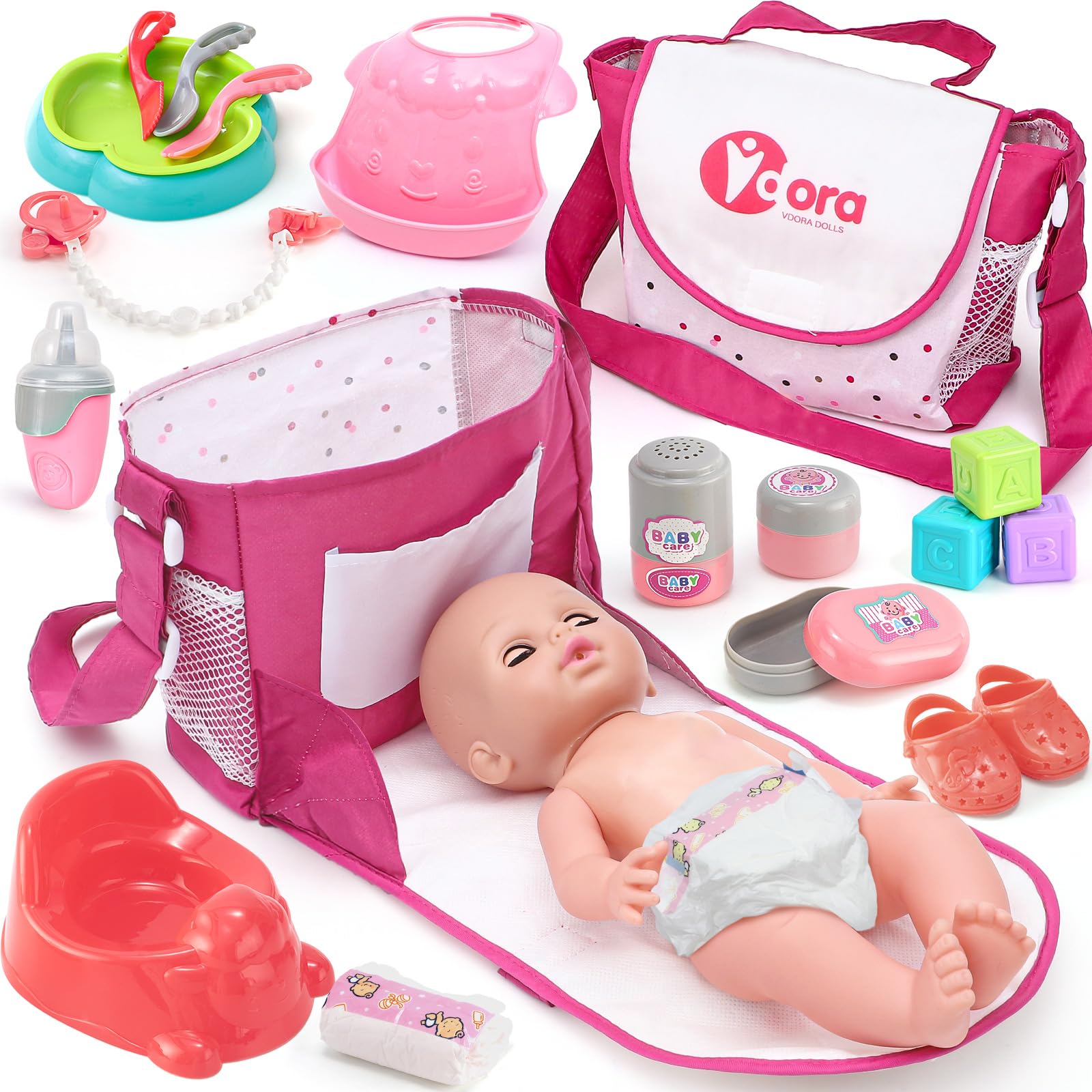 Toyssa Baby Doll Accessories Playset, Baby Doll Toys with Changing Bag Feeding Set Baby Doll Nappies Bottle Bath, Pretend Play Doll Care Set Gifts Toys for Kids Girls (Baby Doll Not Included)