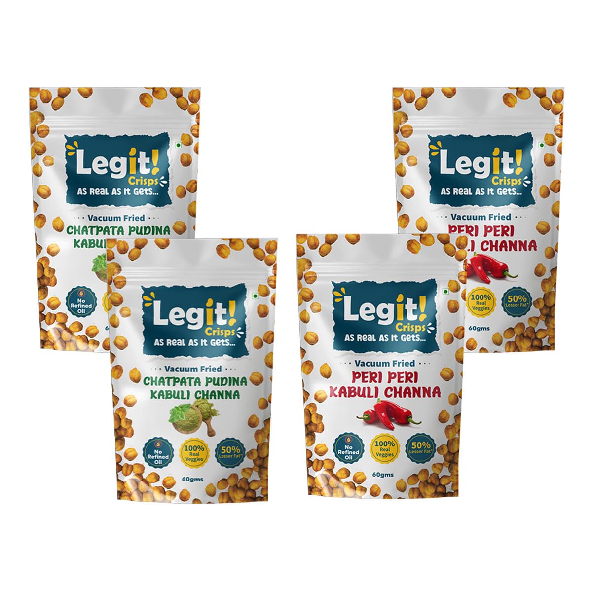 LEGIT! CRISPS Kabuli Channa – Peri Peri And Chatpata Pudina (Combo Pack Of 4)