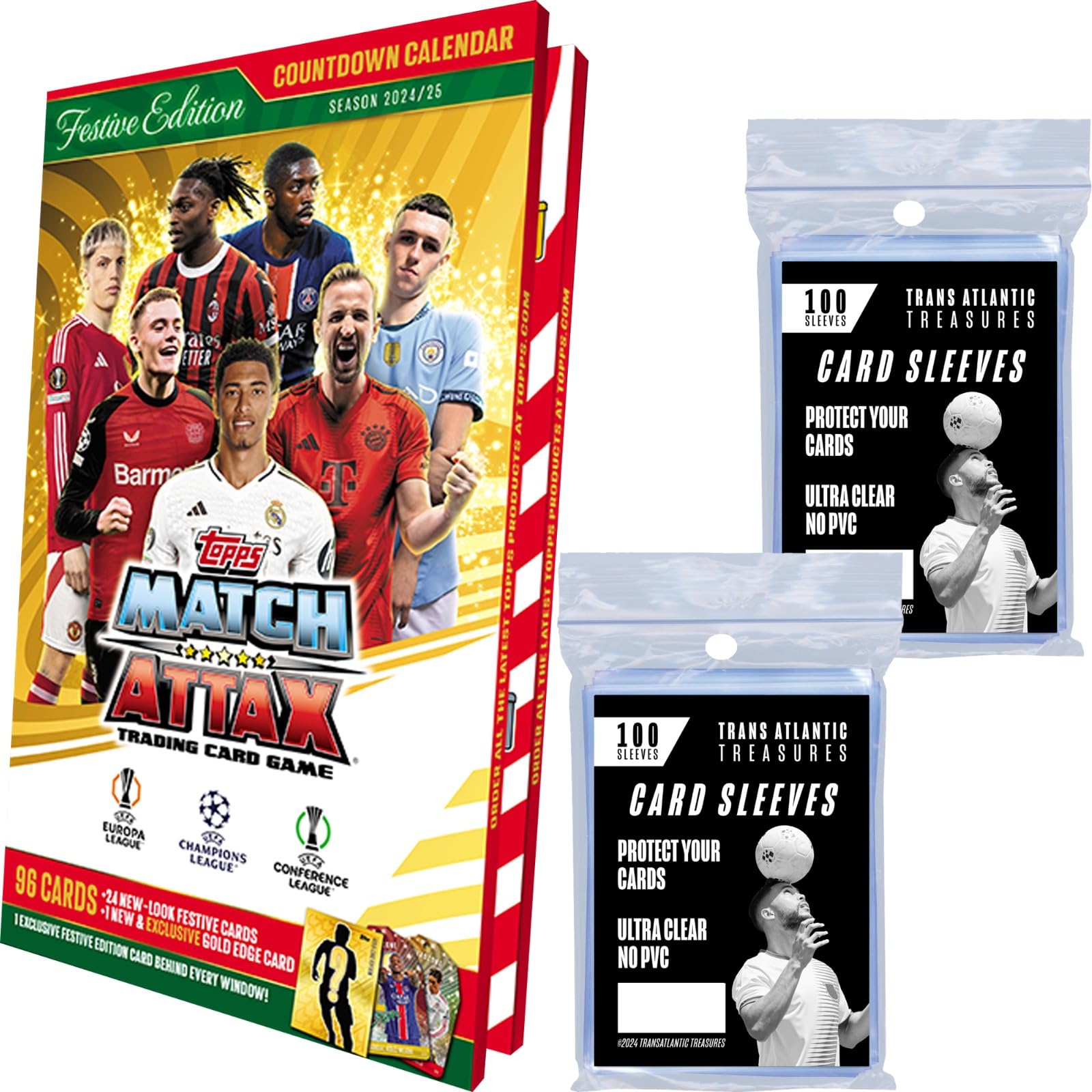 TransAtlantic Treasures Topps Match Attax Soccer Cards Advent Countdown Calendar + 200 Card Protectors, 121 Cards, Including 24 Exclusive Festive Edition Cards & 1 Exclusive Gold Edge Card