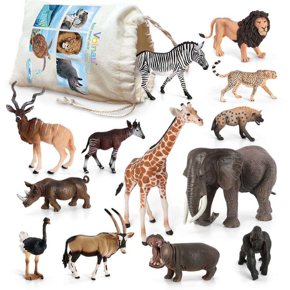 Volnau Safari Animal Figurines Toys 13PCS Africa Figures for Kids Toddlers Christmas Decoration Gift Preschool Educational Zoo Pack Lion Jungle Forest King Set