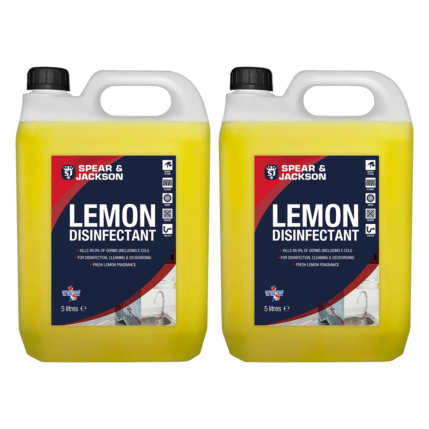 Spear & JacksonLemon Disinfectant and Cleaner, 2 x 5 Litres, Kills 99.9% of germs, Fresh Lemon Fragrance