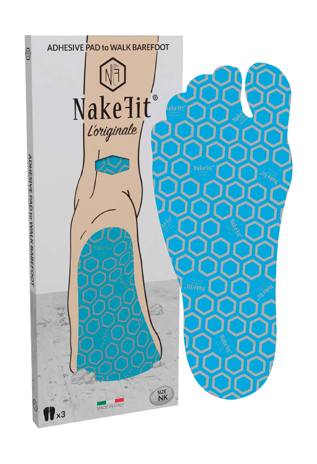 NAKEFITL'ORIGINALE - Blue Hypoallergenic Adhesive Insoles - 3 Pairs in Pack - Enjoy Your Outdoor Activities Barefoot, Experience Freedom! (35)