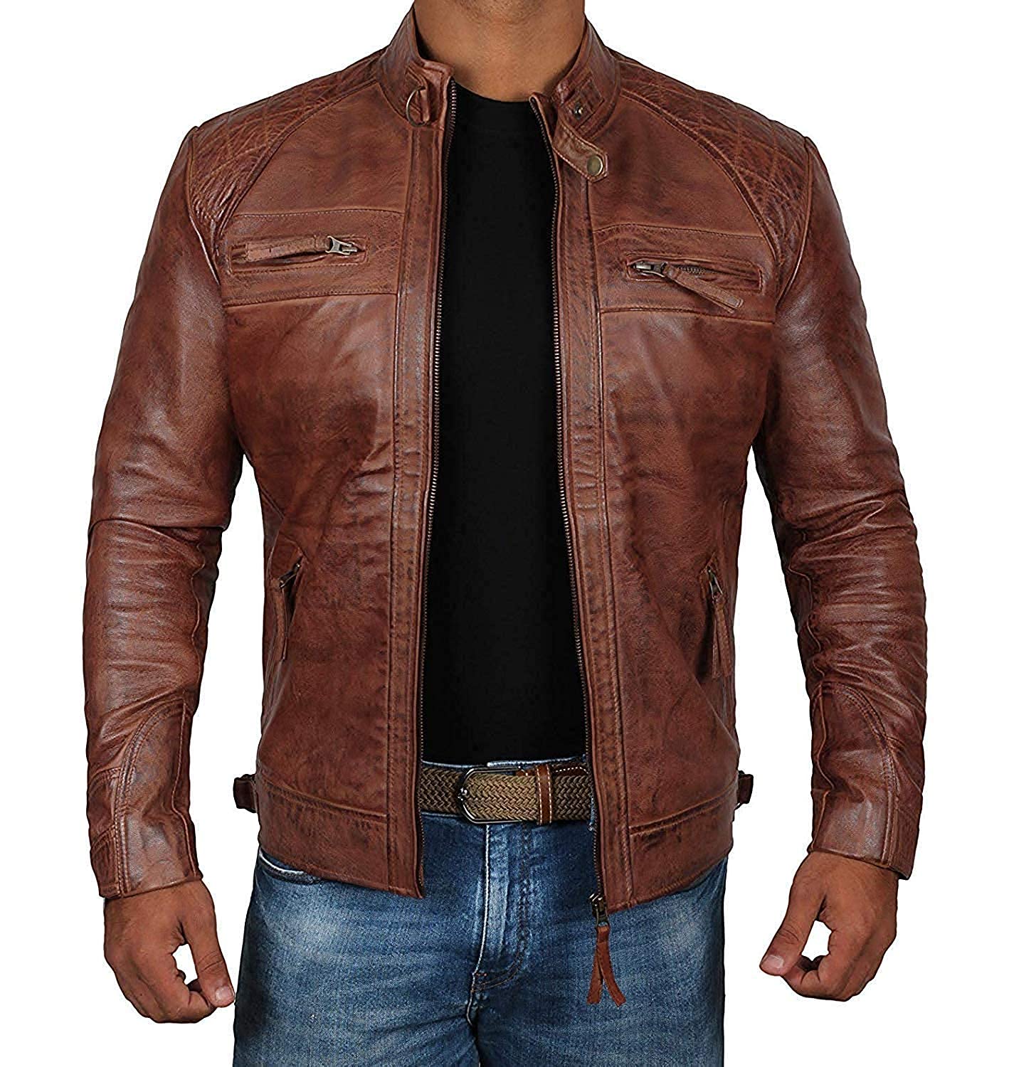 Decrum Leather Jackets for Men - Black and Brown Real Lambskin Mens Motorcycle Jacket