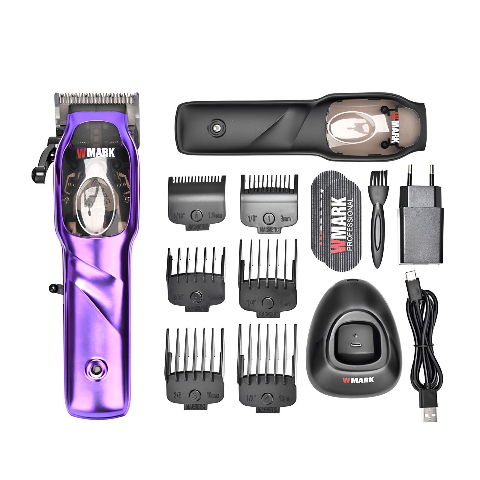 WMARKNG-9003 Ultra Premium Professional 10000 RPM magnetic motor Zero Gapped Hair Clipper set 440C Fade Blade 6 Magnetic Guide Comb Taper Lever Adjustments Adaptor Charging Pod & Stand, Purple