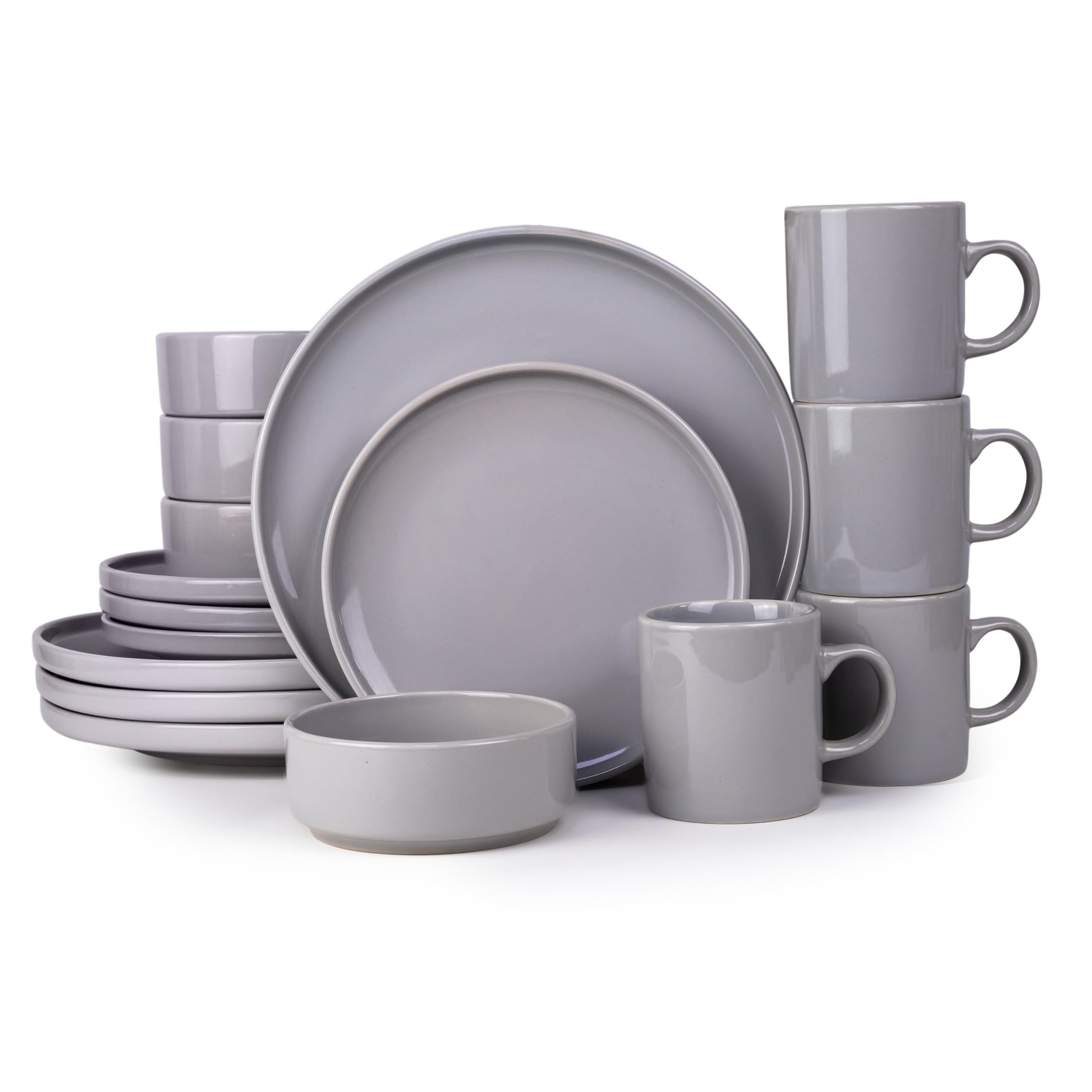 Bone China 16-Pieces Stoneware Dinnerware Set, Dinner Set, Kitchen Dinnerware Ceramic Crockery Set, Dinner Service Set for 4, 26cm Dinner Plate, 20cm Plate, Cereal Bowl, Mug KUMBA LIGHT GREY