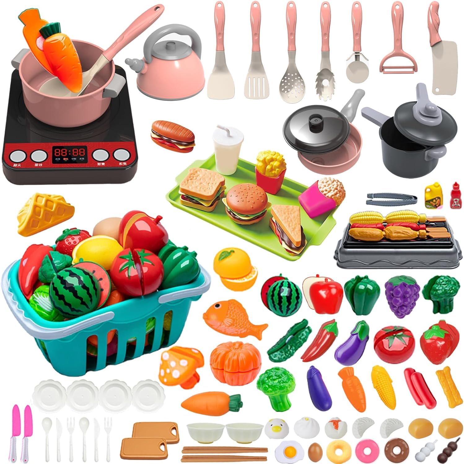 TOYBY 108Pcs Kids Play Kitchen Toys Set, Toddlers Pretend Cooking Playset with Play Pots and Pans, Utensils Cookware Toys, Play Food Set, Toy Vegetables, Learning Gift for Girls Boys