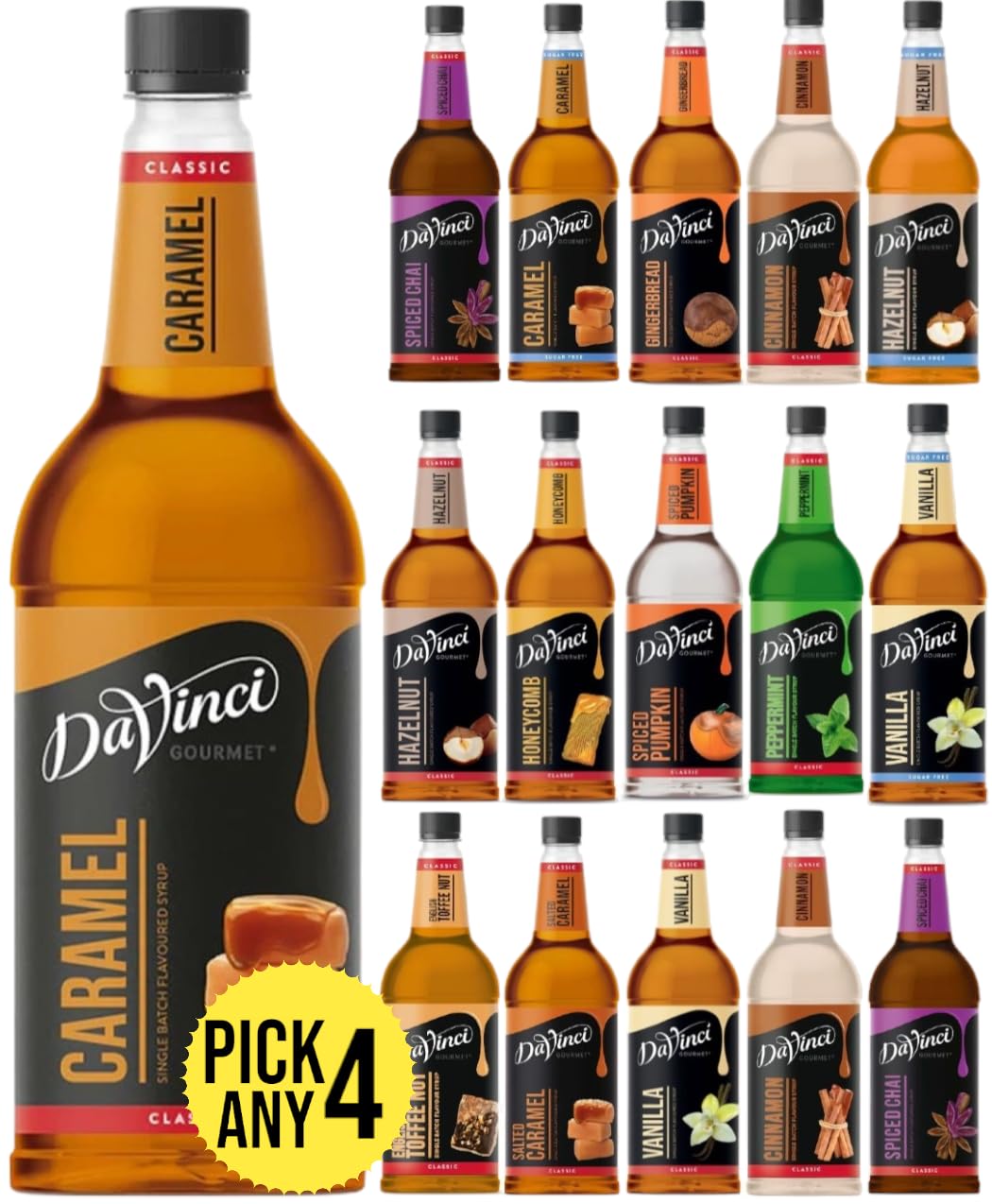 DaVinci Gourmet 1L (1000ML) Syrup for Coffee & Drinks. Pick Any 4 Bottles from 14+ Flavours Inc. Caramel, Vanilla, Hazelnut, Honeycomb, Spiced Chai, Gingerbread, Cinnamon, English Toffeenut and More.