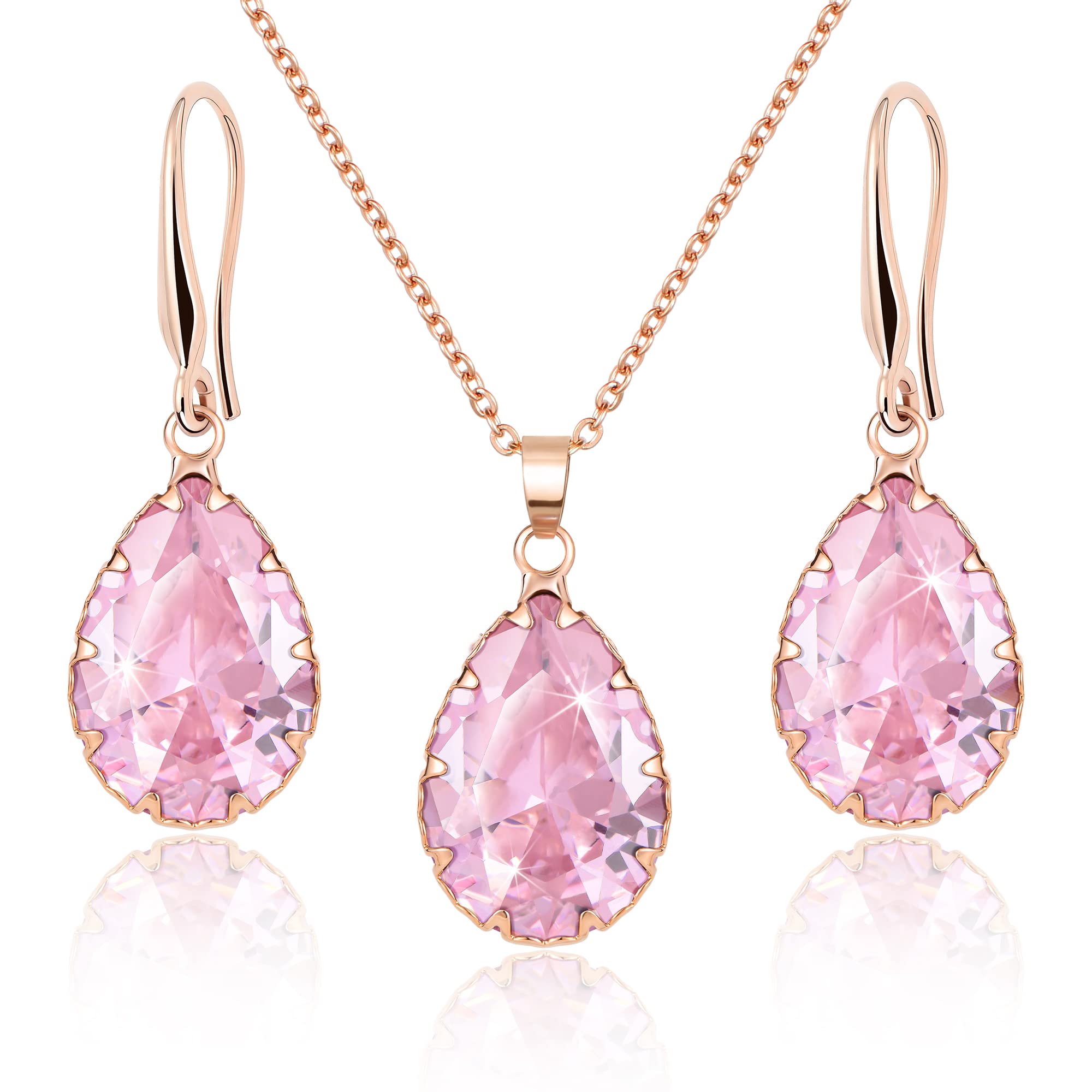 Linawe Crystal Jewelry Sets for Women, Imitation Diamond Pendant Necklace, Rhinestone Drop Dangle Earrings, Birthstone Cubic Zirconia Matching Wedding Jewelry, 14K Gold/Rose Gold/Silver Tones