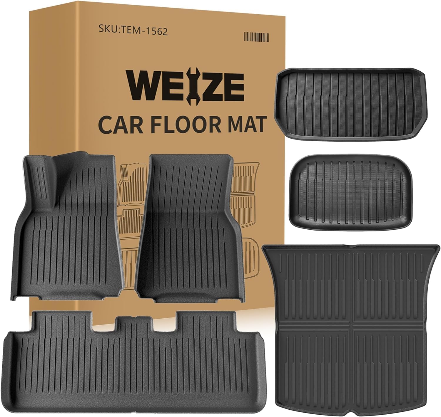 Weize Floor Mats & Cargo Liners for Tesla Model Y 5-Seat 2021-2023 2022 2024 All Weather TPE Cargo Trunk Mats Accessories, Set of 6 Mats (Not Fit 7-Seat)