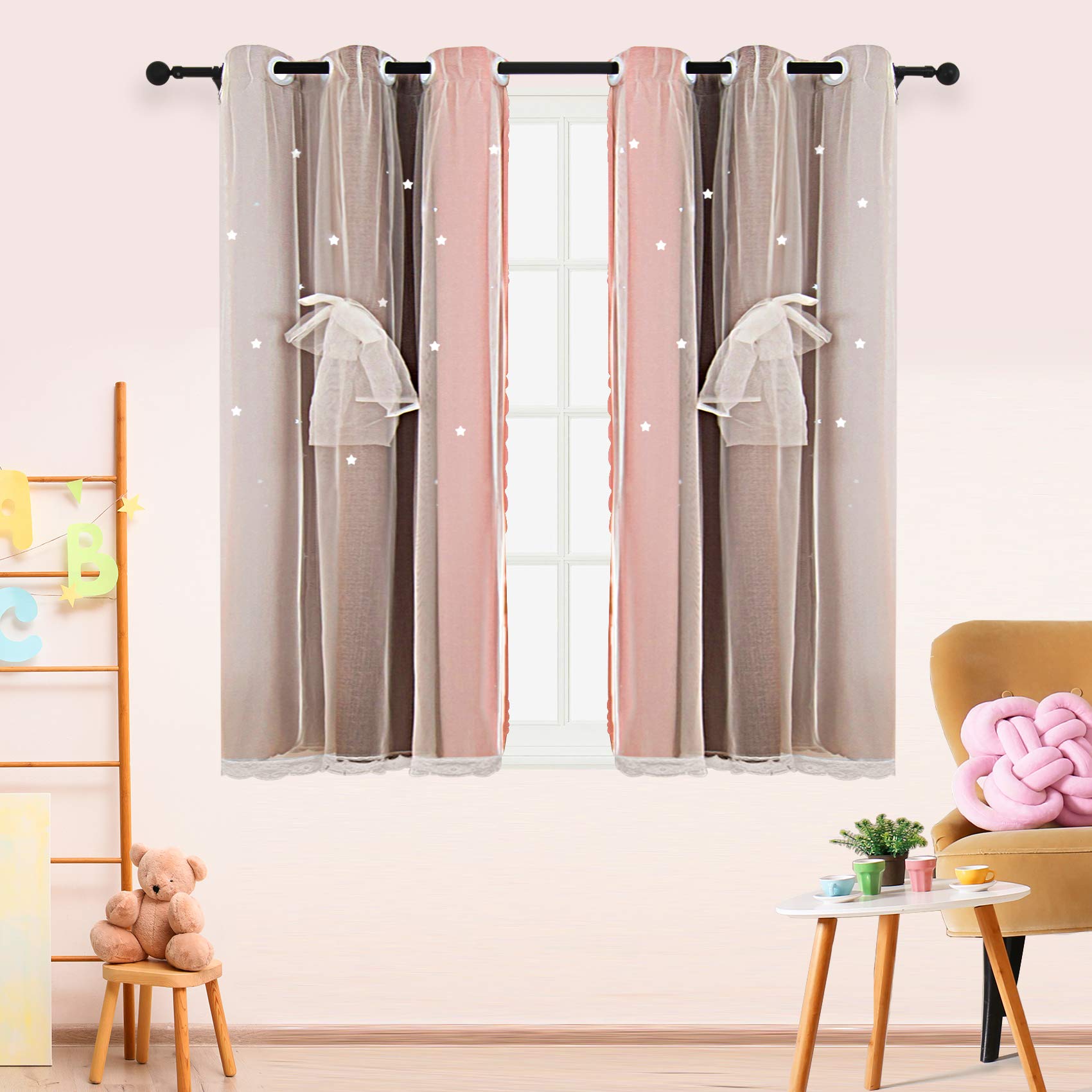 Hughapy Star Curtains Pink Curtains for Girls Bedroom Kids Room Decor Cute Stripe Window Curtain Colorful Double Layer Star Cut Out Curtains for Kitchen Small Cafe, 2 Panels (Pink/Grey, 35W x 45L)