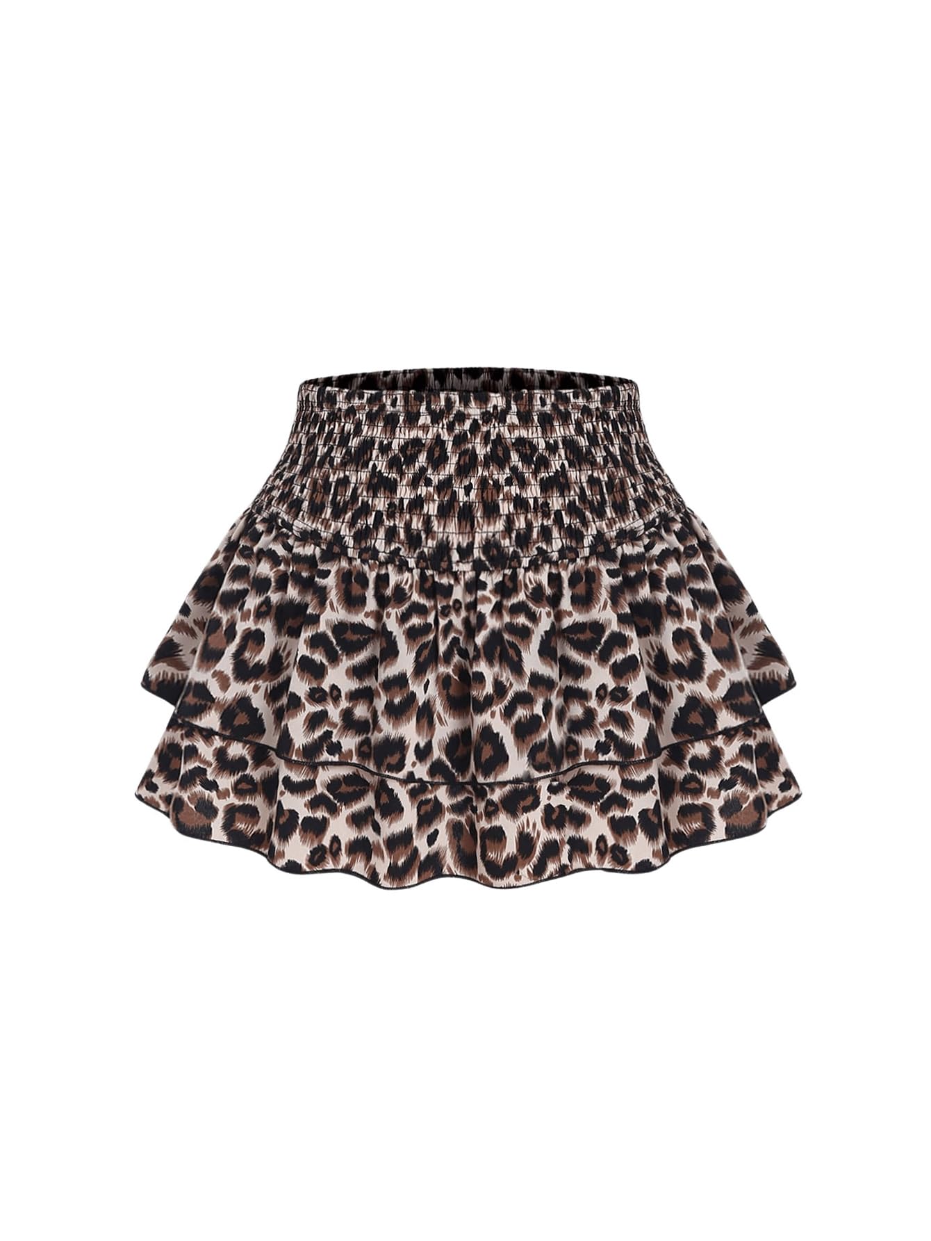 GORGLITTERWomen's Leopard Print Layer Ruffle Hem Smocked Skirts A Line Flared Mini Skirt