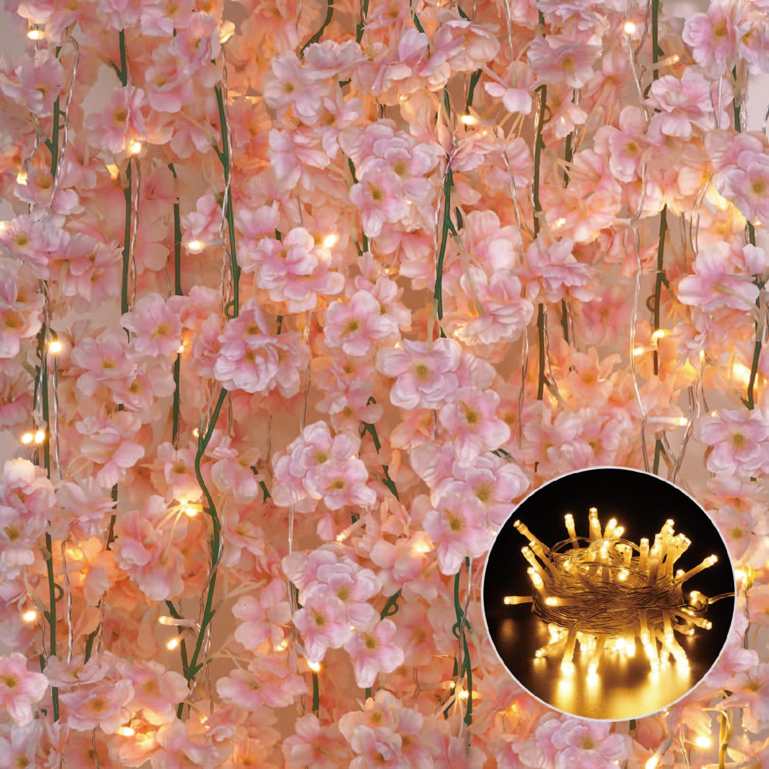 Sunm Boutique 12-Pack 70.8 Ft Artificial Cherry Blossom Garland Cherry Blossom Hanging Vine with 65.6 Ft Long 160 LED String Lights Silk Sakura Vines Garland for Wedding Party Home Decor, Pink