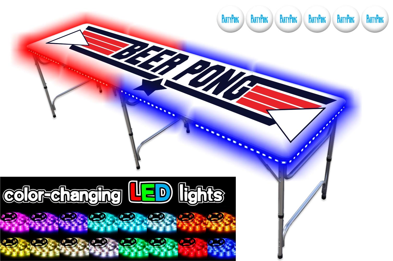 PartyPongTables.com 8-Foot Beer Pong Table w/Optional Cup Holes & LED Lights - 8 Table Designs Available