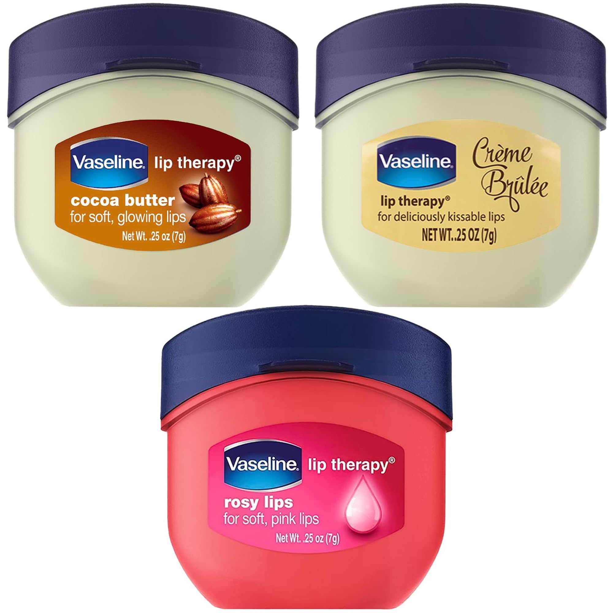 Vaseline Lip Therapy Bundle: Vaseline Lip Balm Multi-Pack - Creme Brulee, Rosy Lips & Cocoa Butter Vaseline Mini Pots for Premium Lip Care, 7g Each (3 Pack)