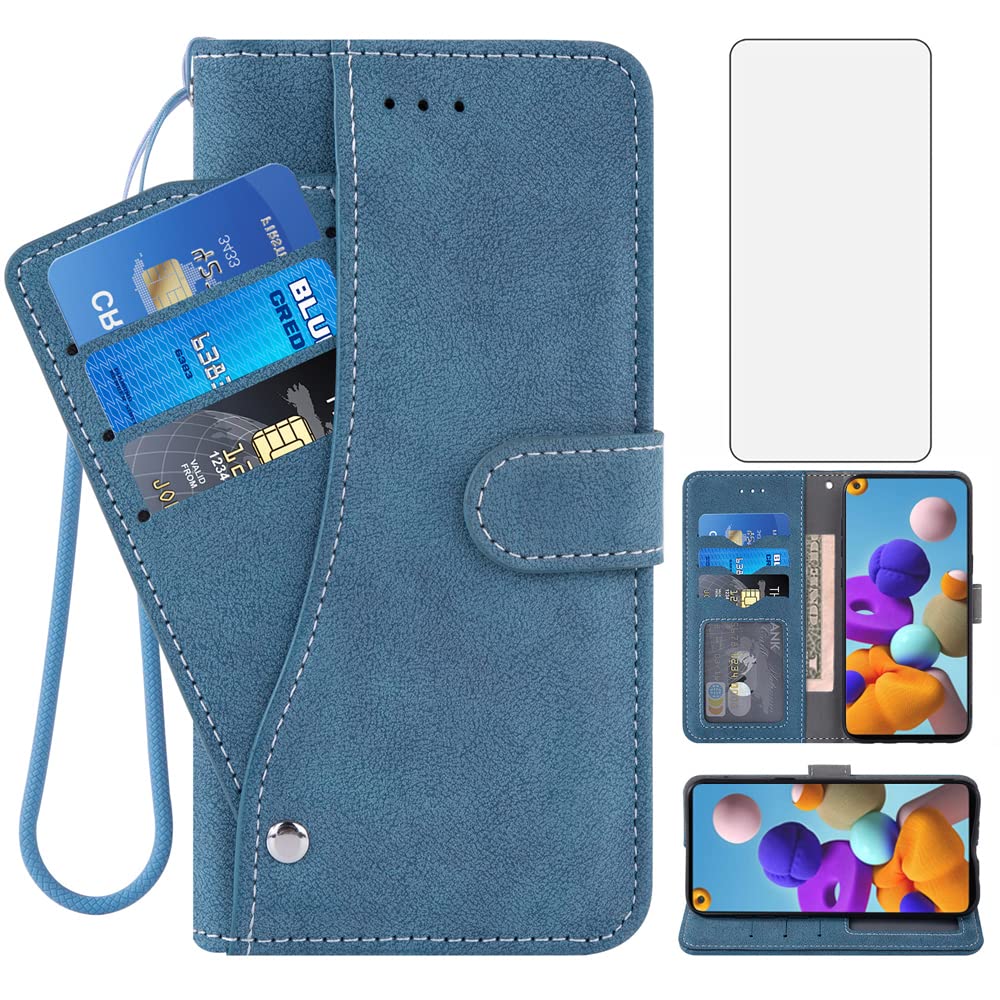 Asuwish Compatible with Samsung Galaxy A21S Wallet Case and Tempered Glass Screen Protector Flip Purse Credit Card Holder Stand Cell Accessories Phone Cover for Glaxay Galaxies A 21S Women Men Blue