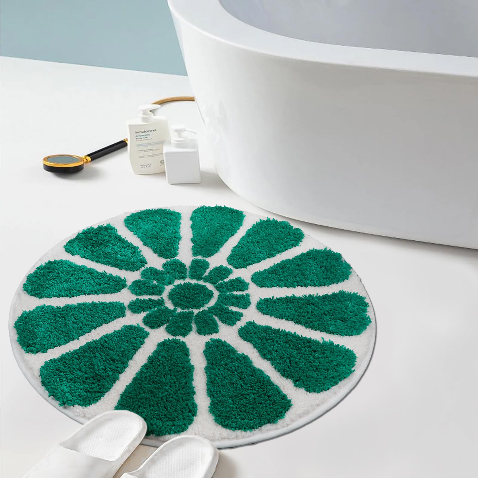 BOVEU Green Shower Mats for Bathroom, Flower Shaped Rug Round Bath Mat, Non Slip Soft Absorbent Machine Washable Small Carrpet for Bathroom, Bathtub Sink, Kitchen and Shower, Green,24 x 24 in