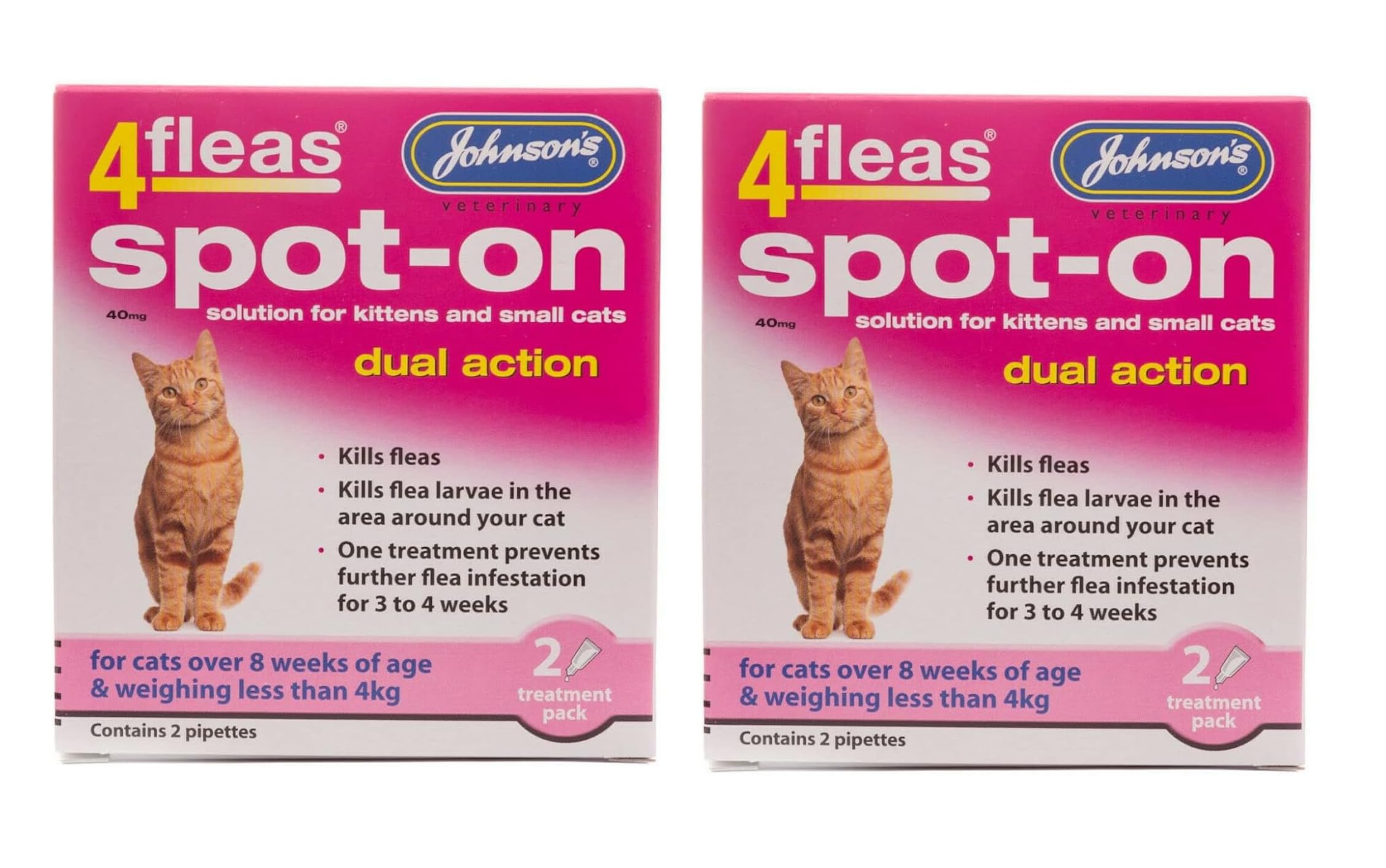 LEEWAY WOODWORK JOHNSONS 4FLEAS CAT - DUEL ACTION SPOT ON - +8 WEEKS BELOW 4KG WEIGHT (2X PACKS)