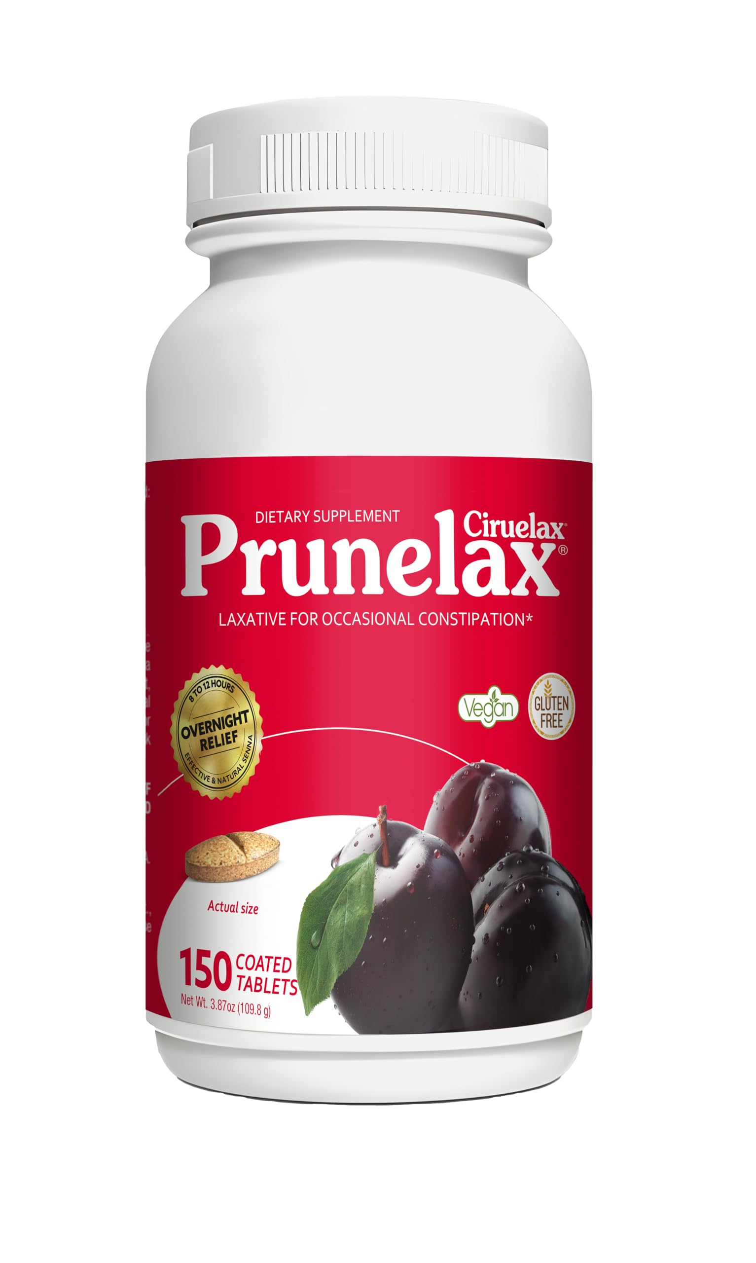 Prunelax Natural Laxative Regular Strength Tablets – Safe, Gentle, Predictable Overnight Relief with Prune & Senna Leaf Extracts, 8-12 Hr Fast-Acting, 150ct