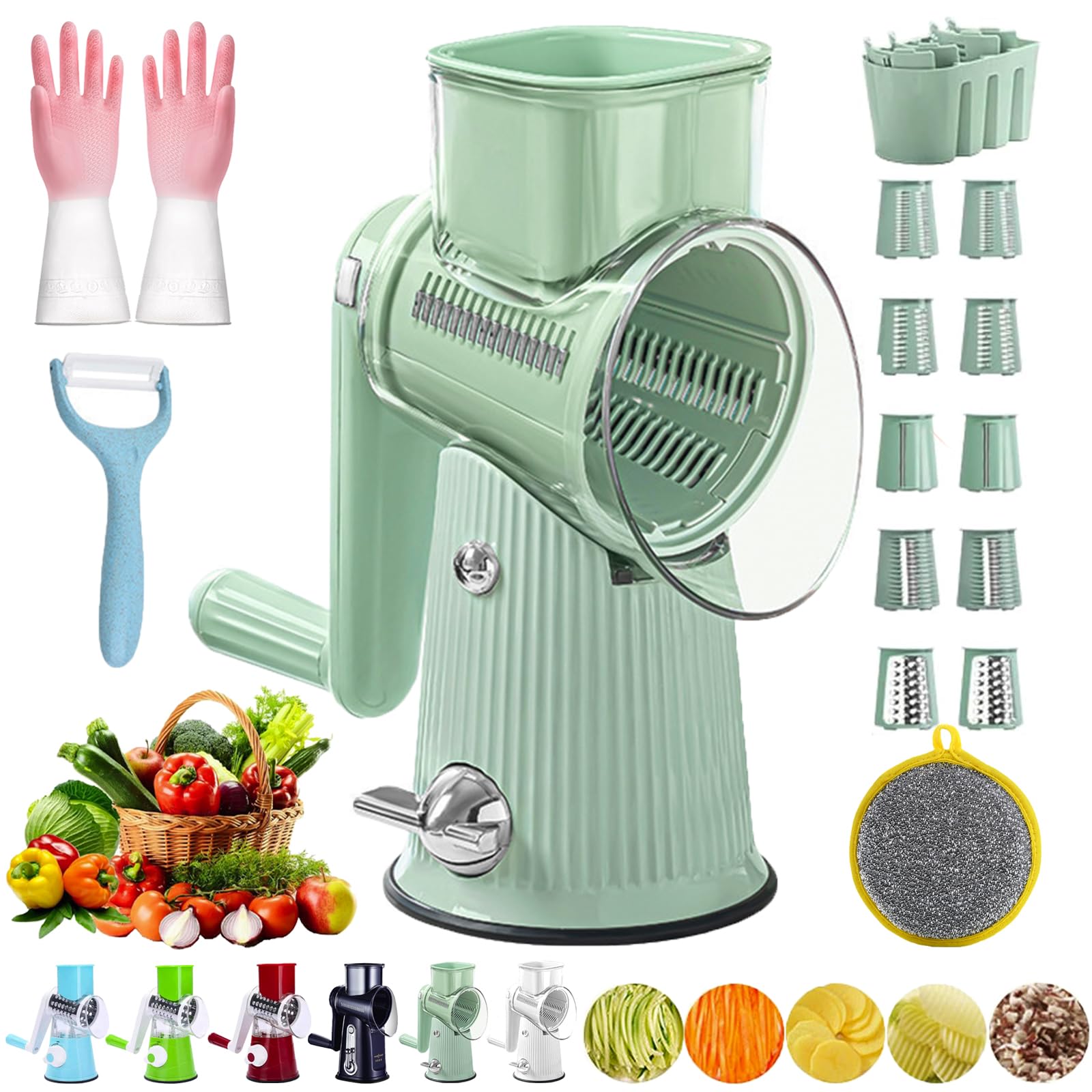 Le D Affaires 5 In 1 Cheese Grater, Le D'Affaires Cheese Grater, Le D Affaires 5 In 1 Gourmet Cheese Grater, 5 In 1 Rotary Cheese Grater Vegetable Slicer, With Hand Crank, 10 Blades (10Blades-Green)