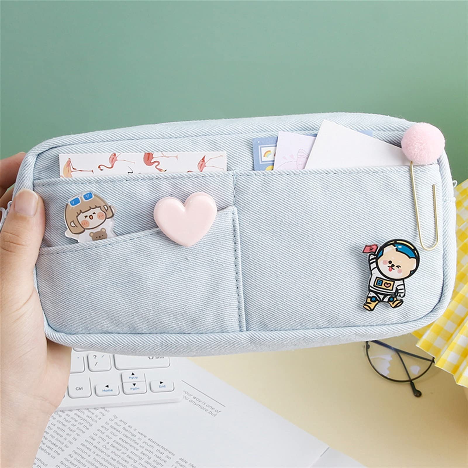 yqs Pencil case Large Capacity Pencil Case Stationery Big Denim Storage Bags Pen Bag with Pins Cute Makeup Bags School Supplies for Boys Girl (Color : A-Baby Blue)