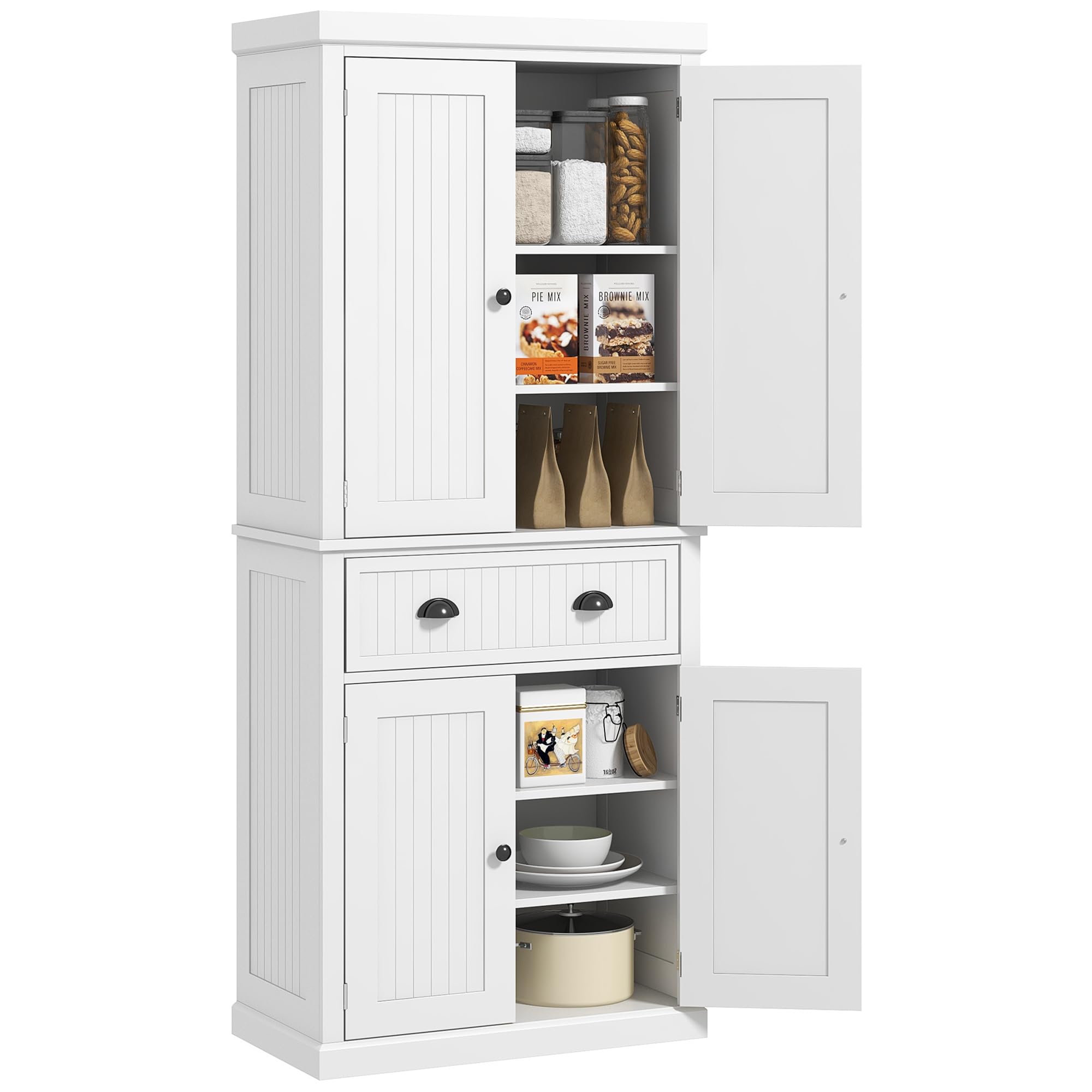 HOMCOM 72" Kitchen Pantry Cabinet, Freestanding Tall Storage Cabinet, Traditional Kitchen Cabinet with 4 Doors, Drawer and 3 Adjustable Shelves for Dining Room, White