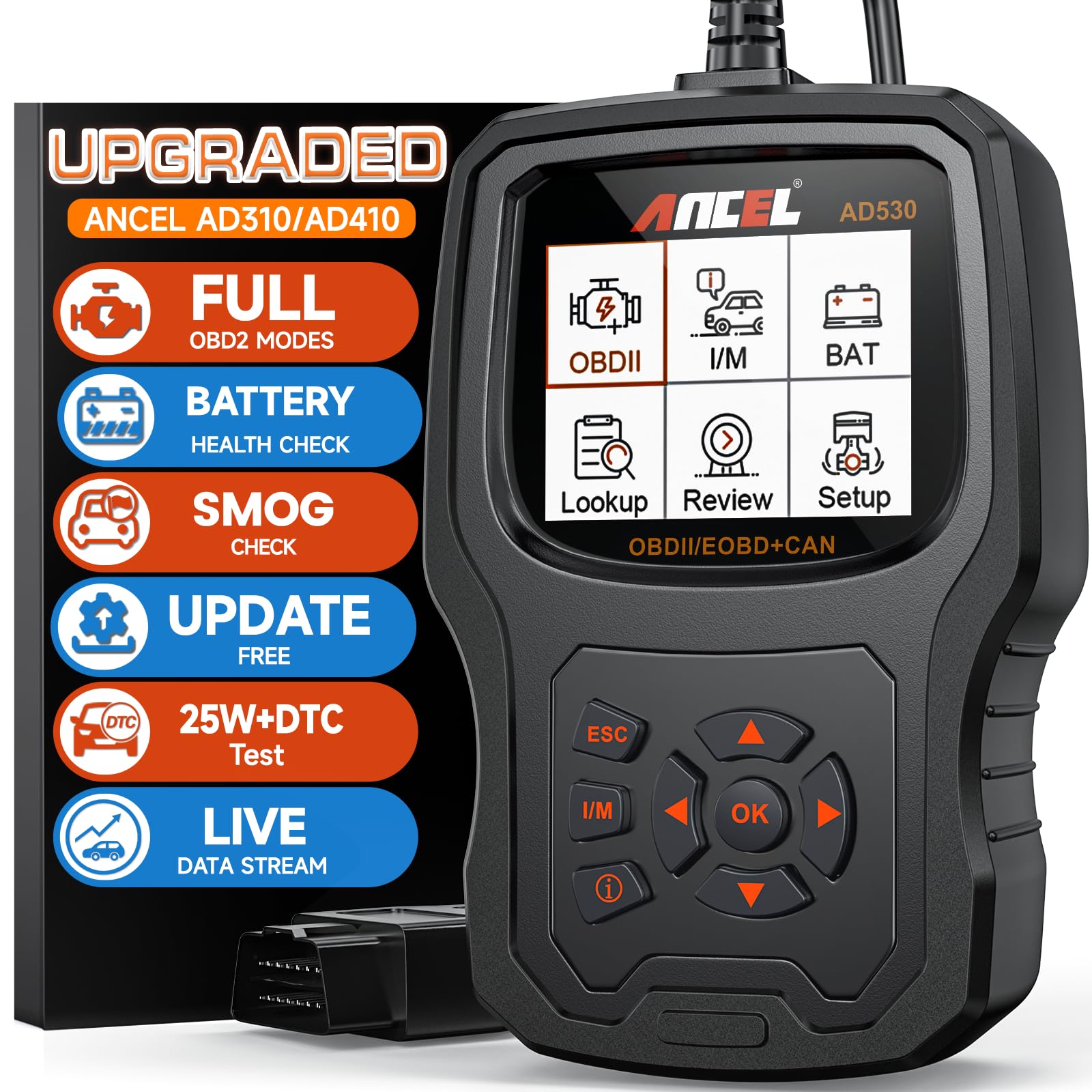 (Upgraded AD310) ANCEL AD530 OBD2 Scanner Diagnostic Tool with Battery Test Car Engine Light Code Reader Scan Tool, All OBD2 Function Enhanced Code Definition and Upgraded Graphing Battery Status