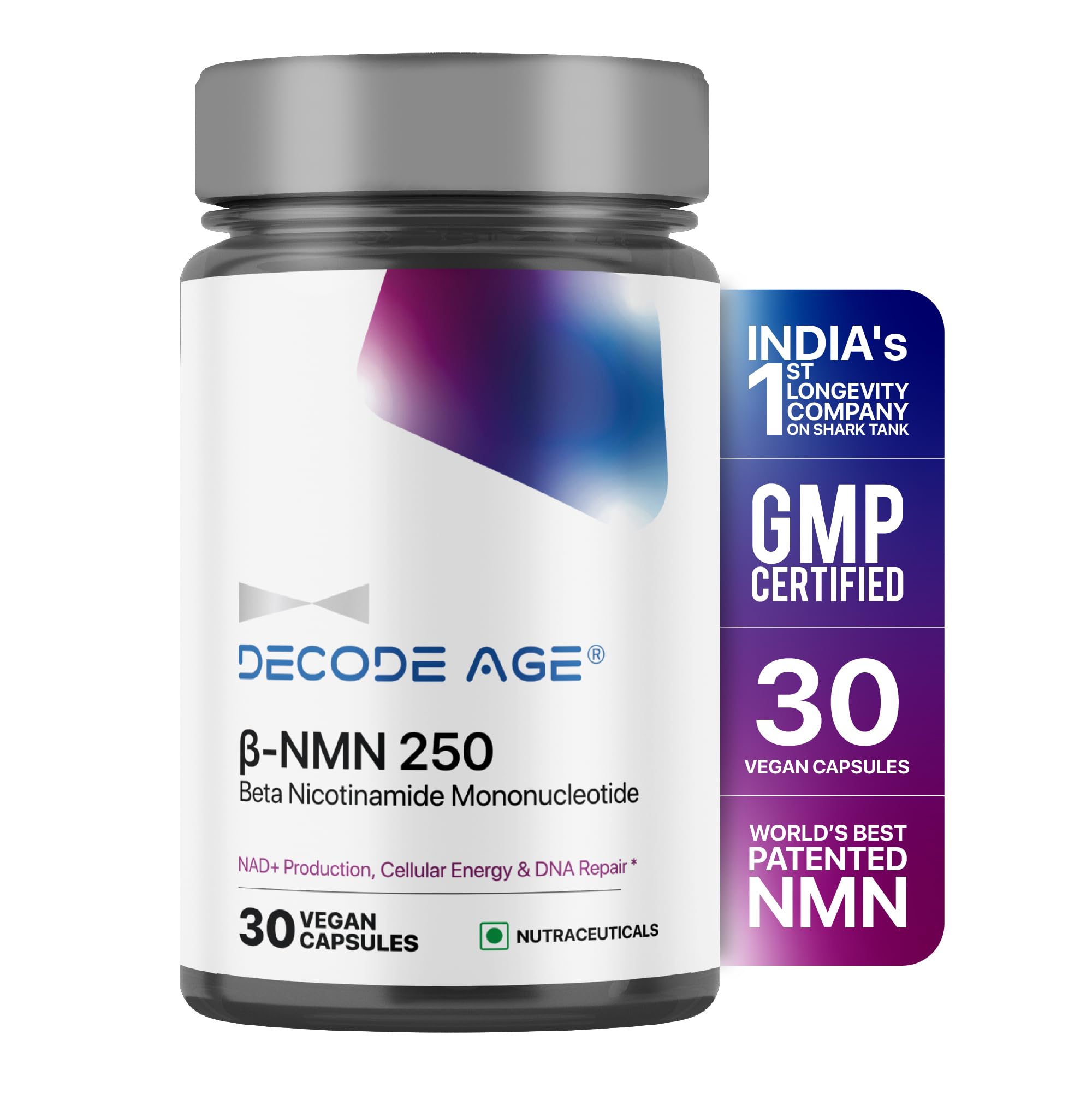 Decode Age NMN Supplement | 99.9% Pure Beta NMN | NAD+ Booster for Energy, Cellular Repair & Skin Health | 250mg, 30 Vegan Capsules