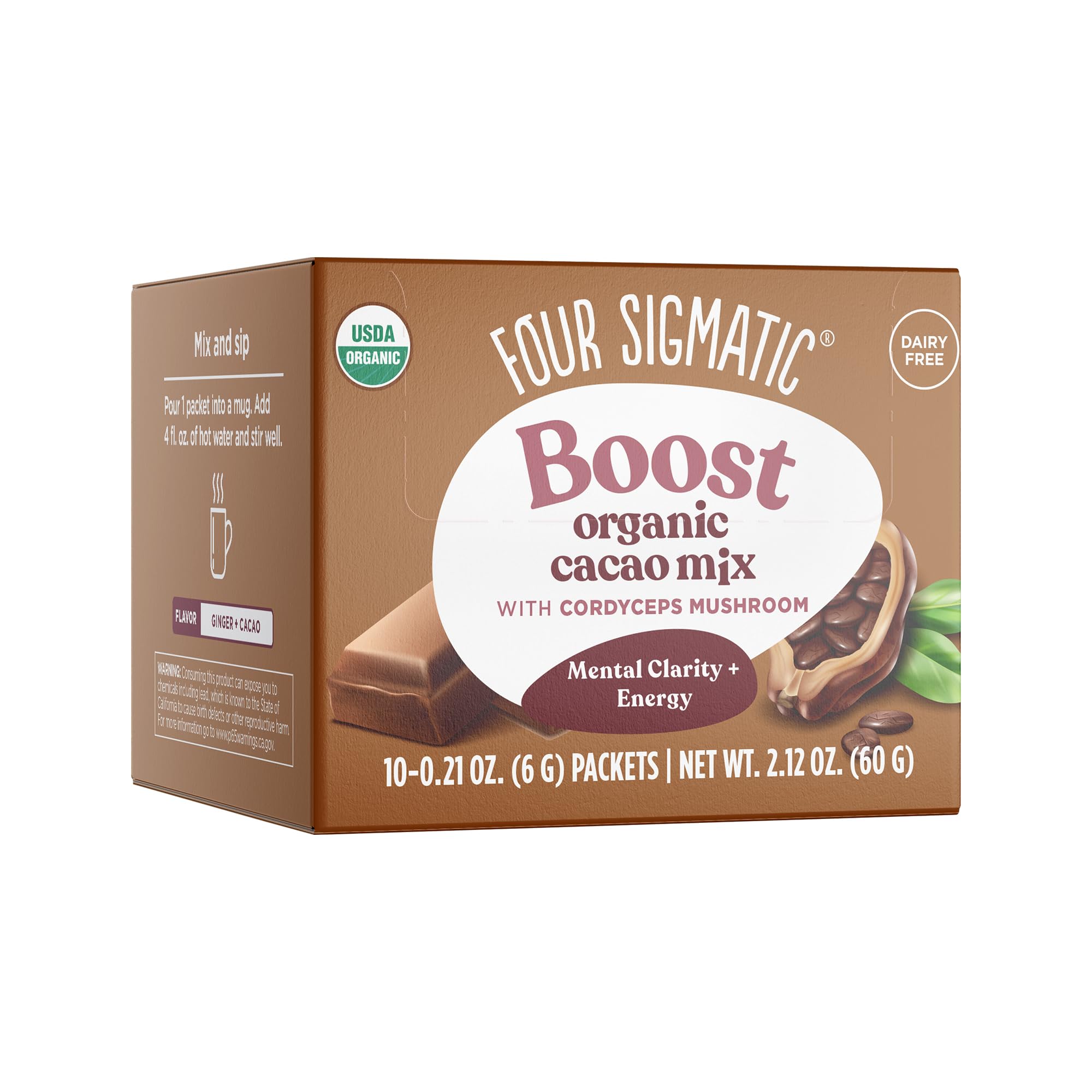 Four Sigmatic Mushroom Hot Cacao Mix, Dark and Ginger, Pack of 10,0.2oz (6g)