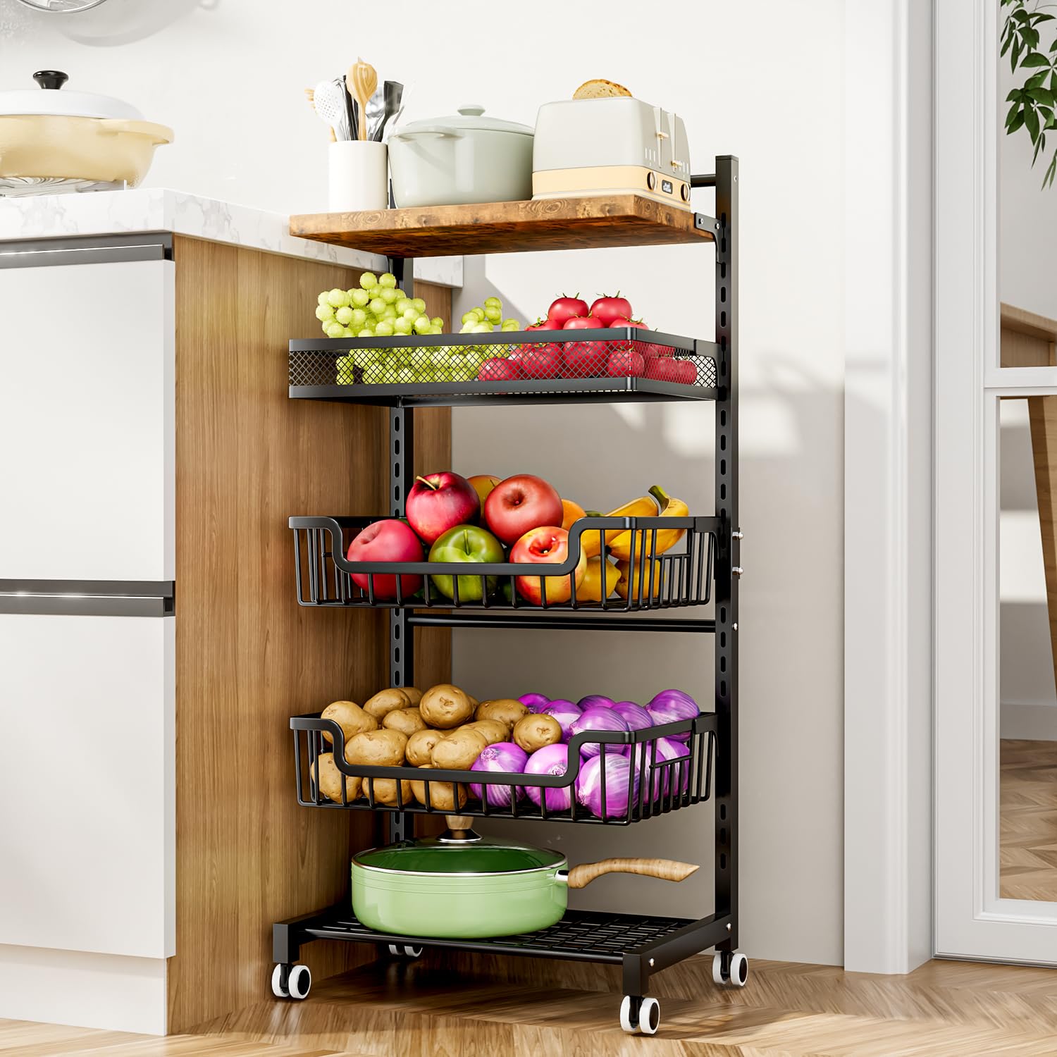 HapiRm Fruit Basket Kitchen Cart - 5 Tier Adjustable Vegetable Storage Rack, Large Capacity Snack Cart Kitchen Carts on Wheels with Storage, Multifunctional Rolling Cart for Onion and Potato Storage