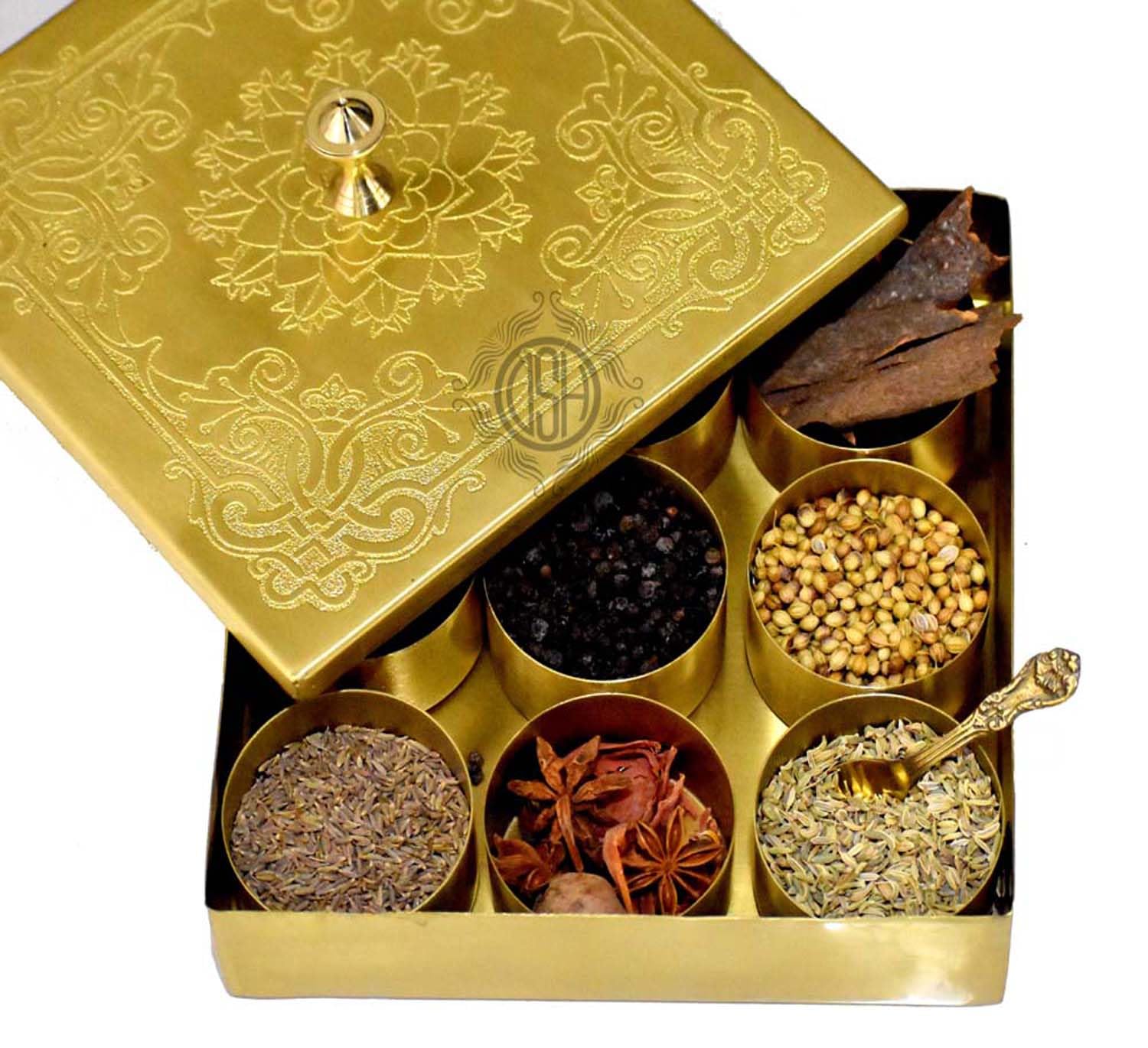 DSH Brass Spice Box Square Shape Multipurpose Stylish Masala Dani Dabba with 1 Spoon And 9 Containers For Kitchen. (BR-8-MASALAbox-SQR)