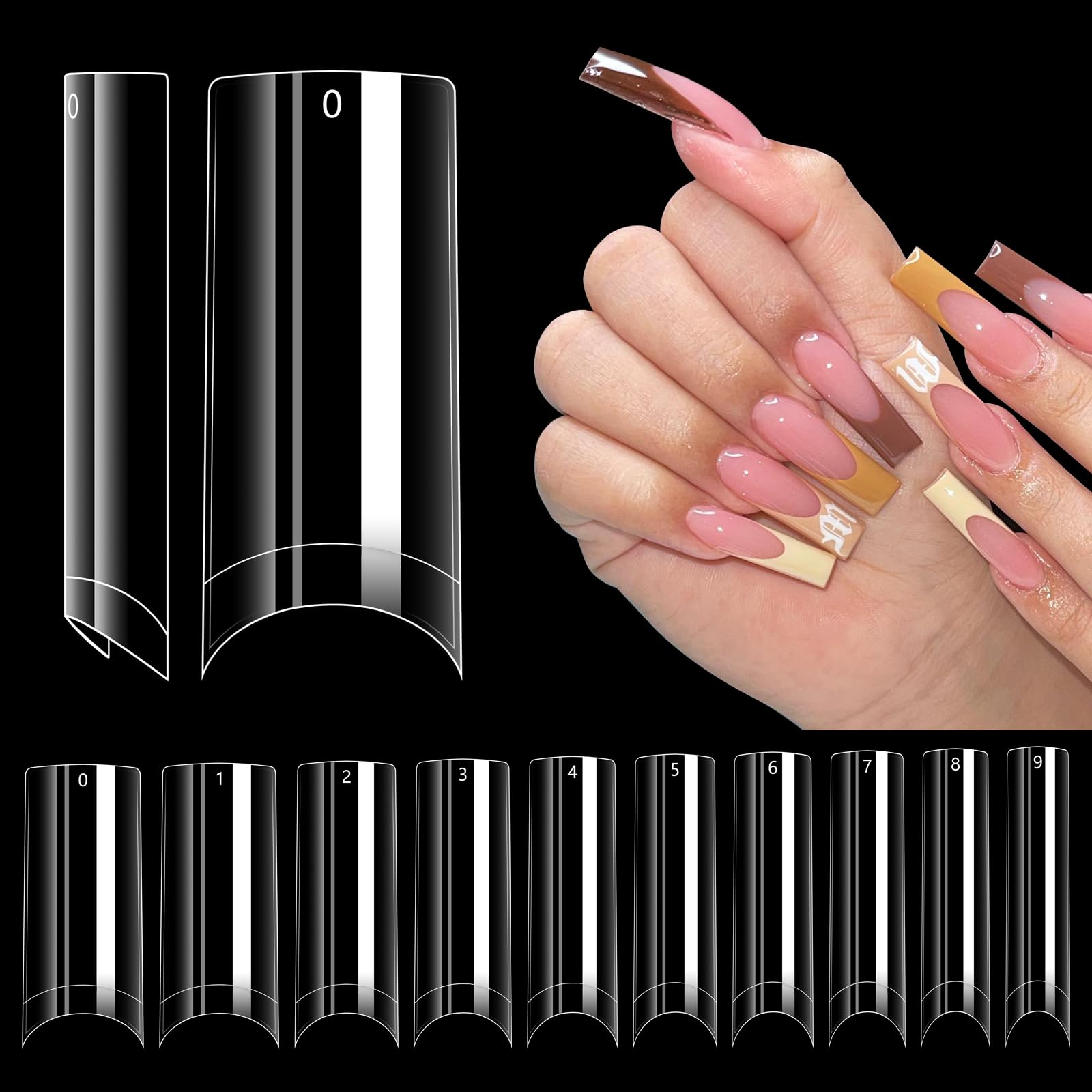 LIONVISON 500PCS No C Curve Nail Tips, Long Square Nail Tips 10 Sizes Half Cover Artificial Nails Straight Square French Clear Fake Nail Tips for Acrylic Nails Professional for Nail Art Salon