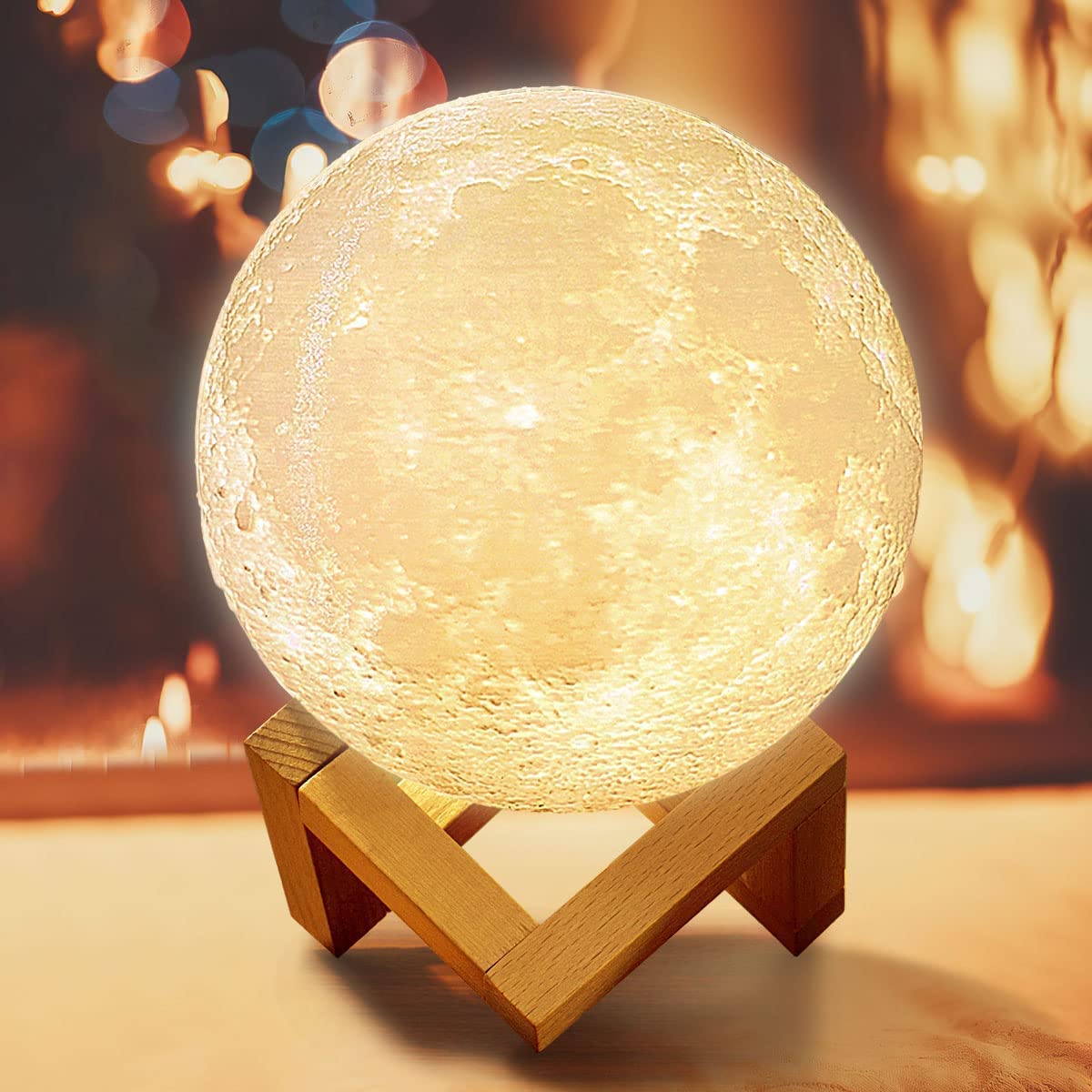 THEODORE 3D Usb Rechargeable LED Moon Lamp Color Changing Sensor Touch Decoration Crystal Ball Night Lamp With Wooden Stand, Bedroom Lamp, Night Lamp For Bedroom, Bedroom Lamps For Night (15Cm)