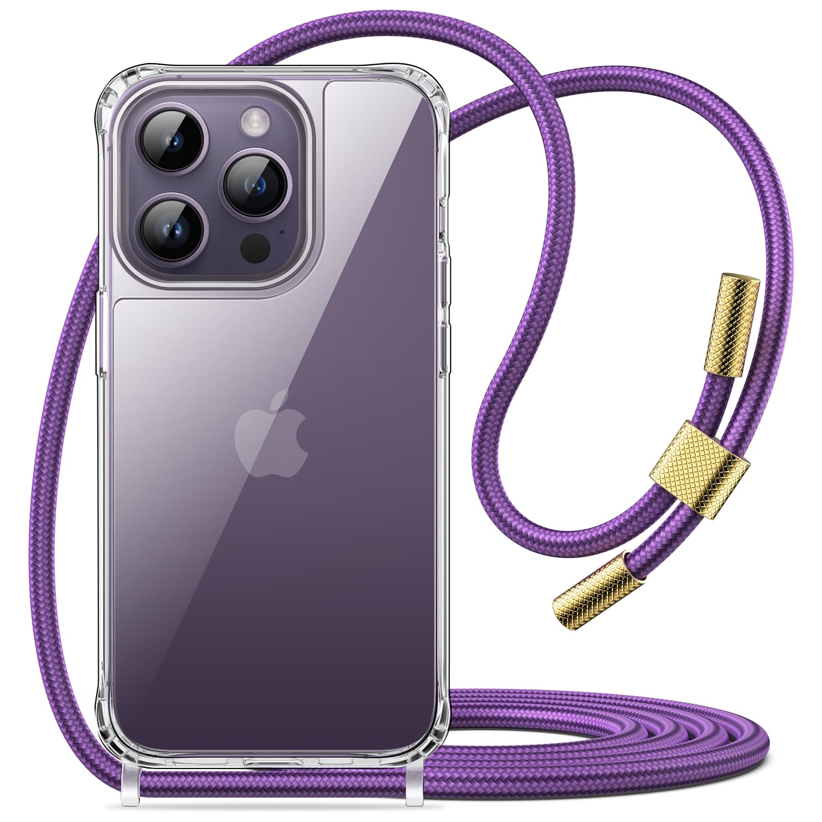 JETech Crossbody Case for iPhone 14 Pro 6.1-Inch with Adjustable Lanyard Strap, Clear Transparent Anti-Yellowing Shockproof Protective Phone Cover with Neck Cord (Deep Purple)